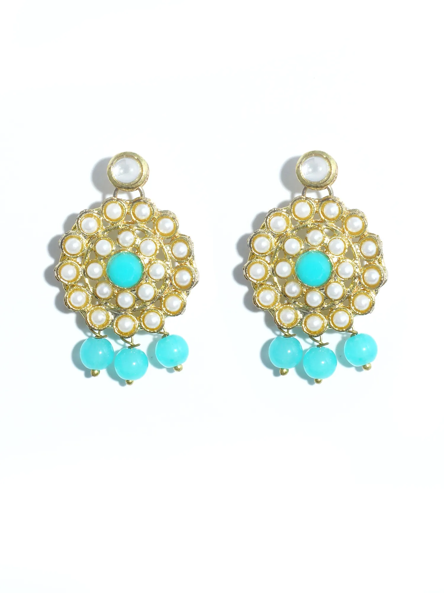 Gold Plated Mint Blue Beads Kundan Dangler Earrings with Maangtikka for Women