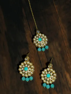 Gold Plated Mint Blue Beads Kundan Dangler Earrings with Maangtikka for Women