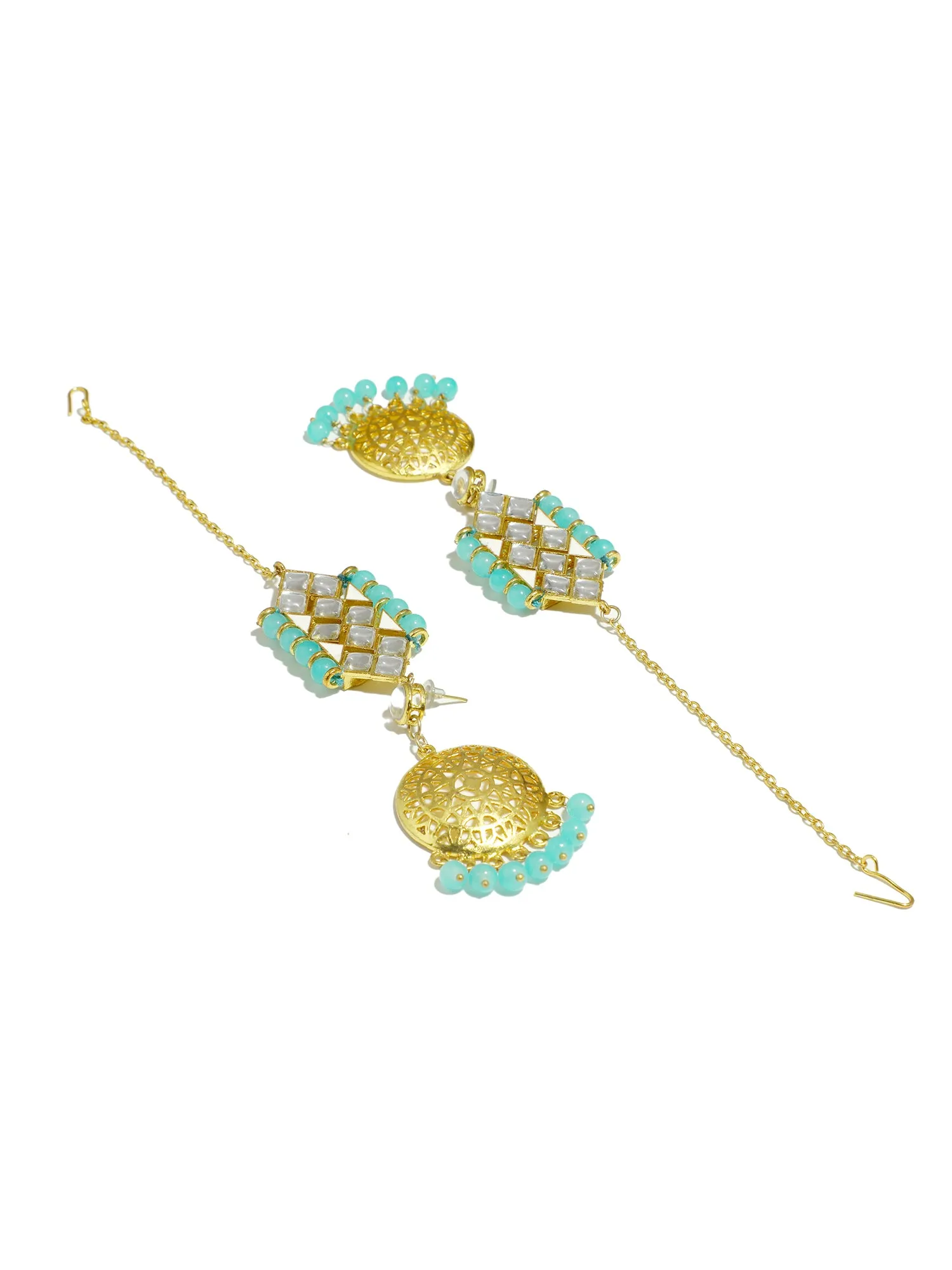 Gold Plated Mint Blue Beads Kundan Kaanchain Earrings for Women