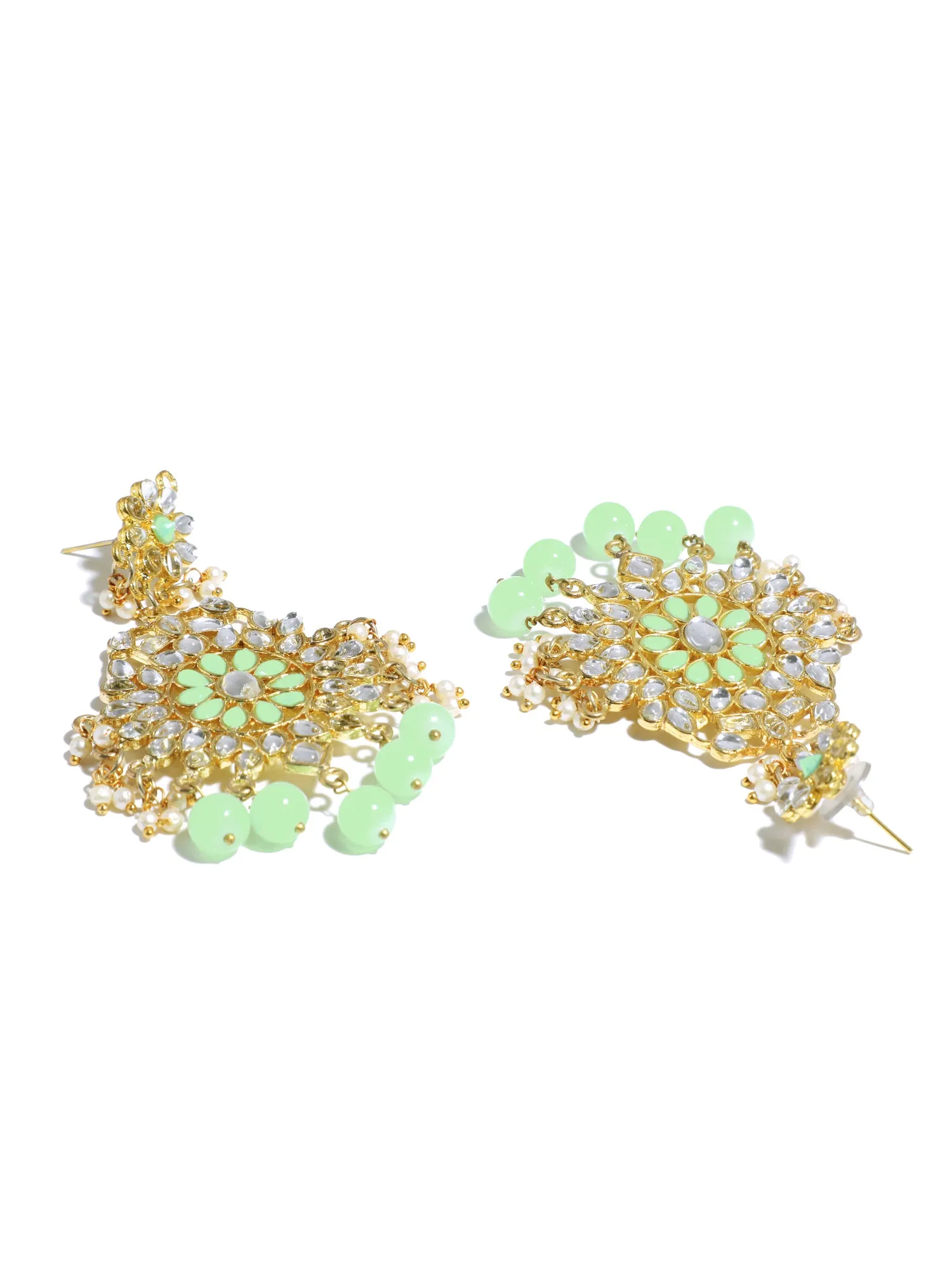 Gold Plated Mint Green Beads Kundan Dangler Earrings for Women