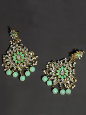 Gold Plated Mint Green Beads Kundan Dangler Earrings for Women