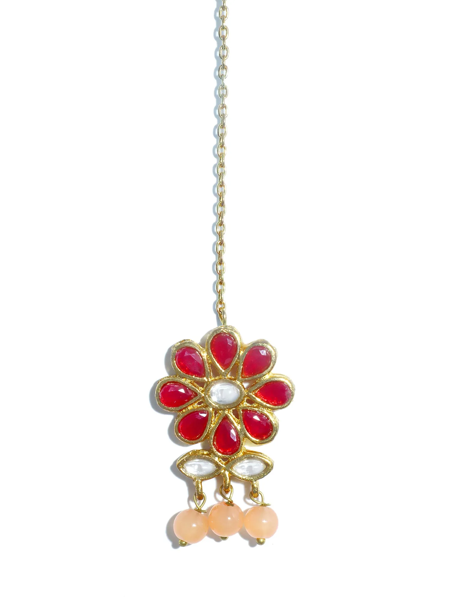 Gold Plated Peach Beads Red Kundan Dangler Earrings with Maangtikka for Women