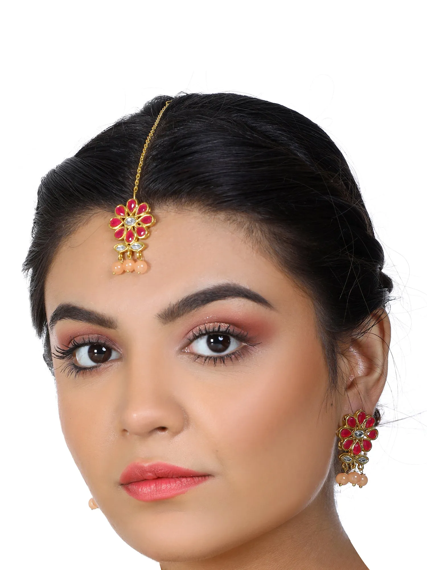 Gold Plated Peach Beads Red Kundan Dangler Earrings with Maangtikka for Women