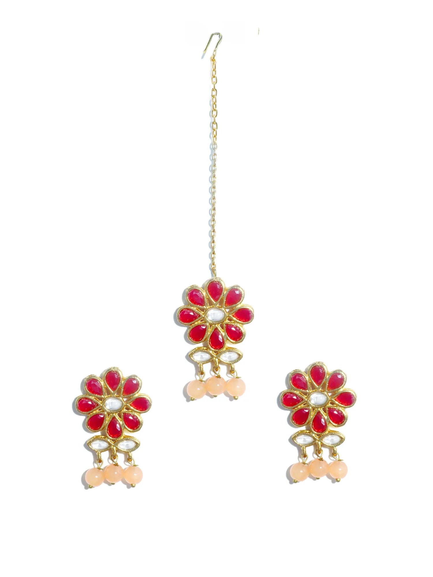 Gold Plated Peach Beads Red Kundan Dangler Earrings with Maangtikka for Women