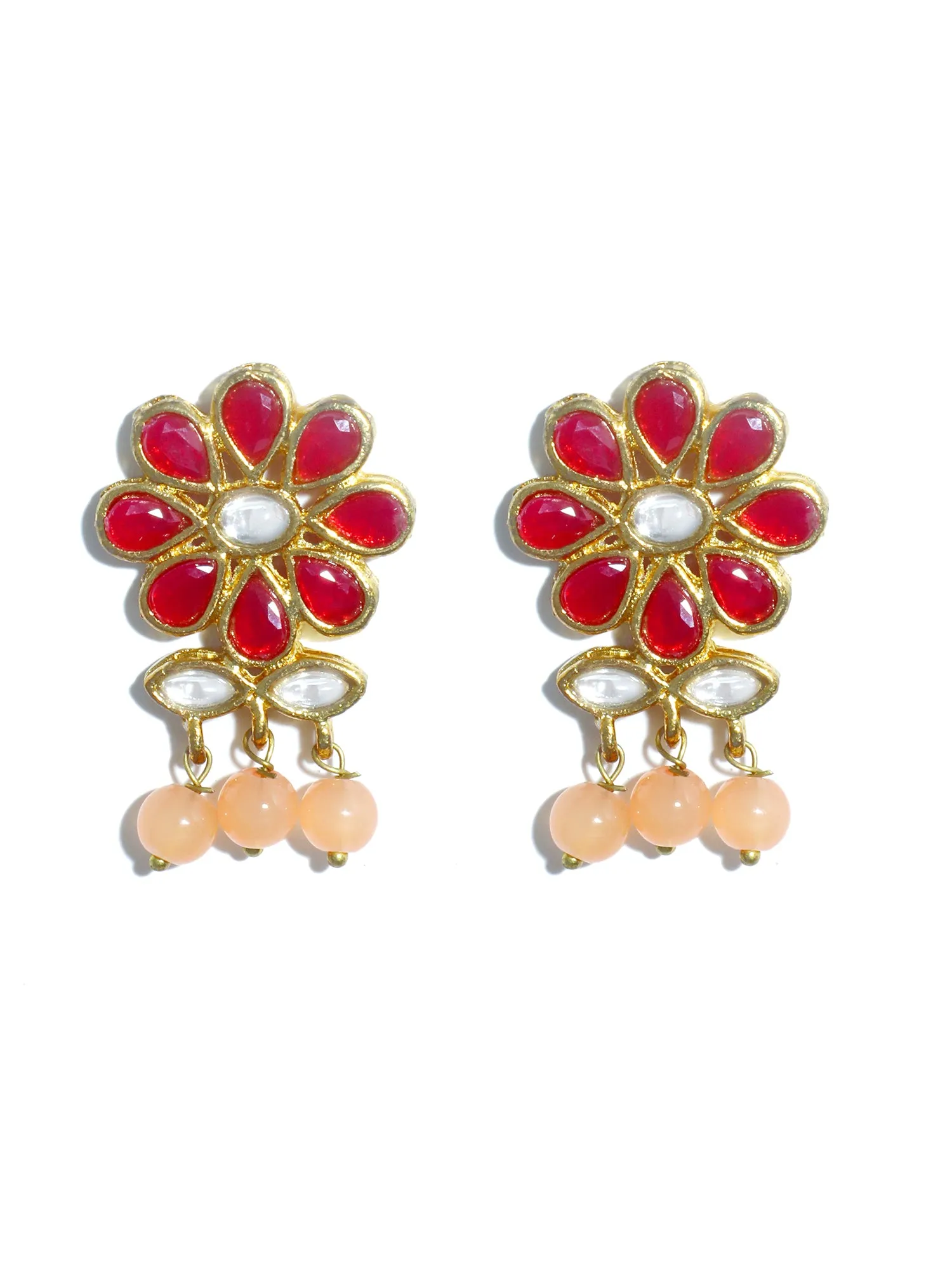 Gold Plated Peach Beads Red Kundan Dangler Earrings with Maangtikka for Women