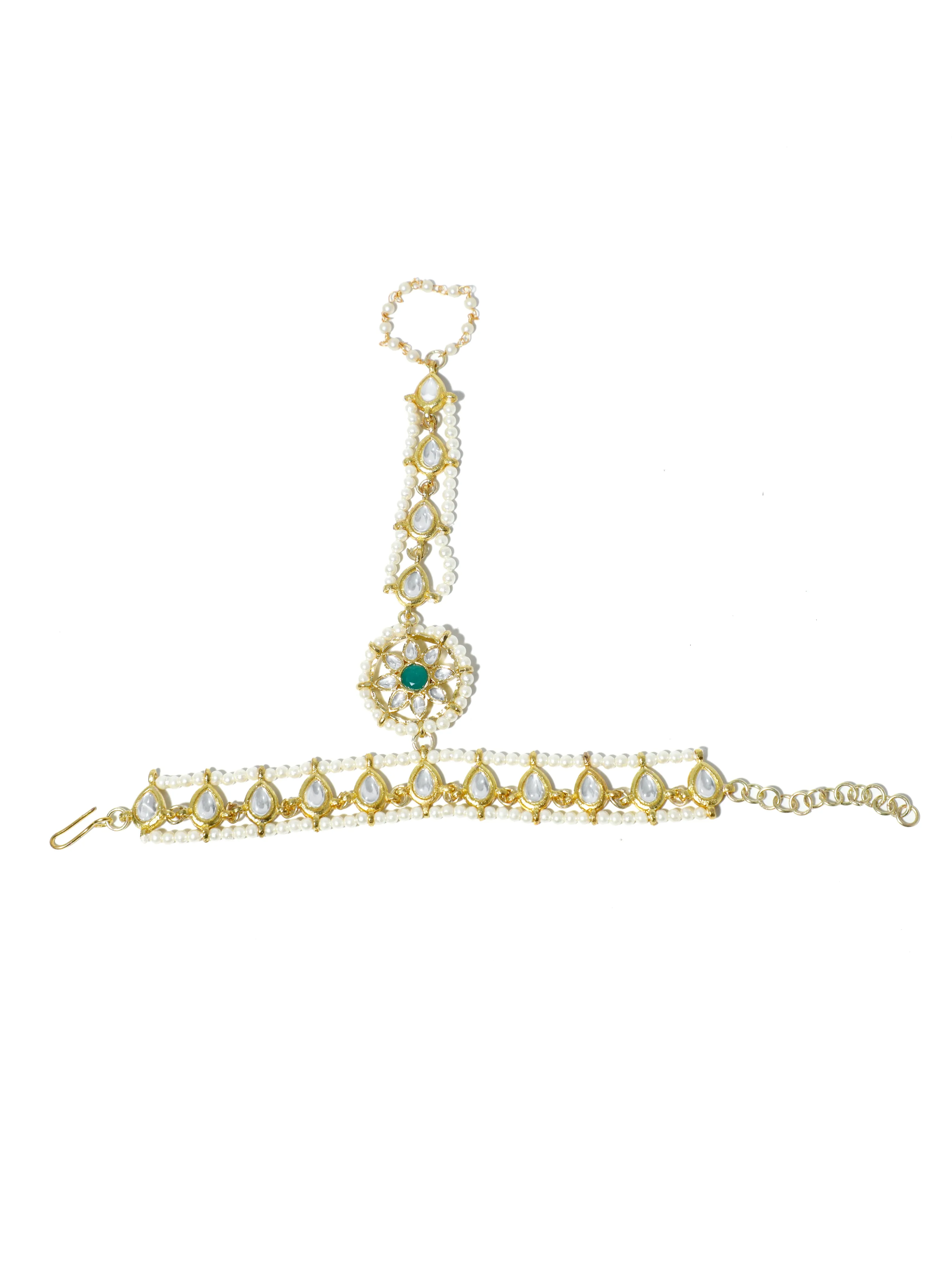 Gold-Plated Pearl Beads Kundan Chain Hathphool with Green Stone