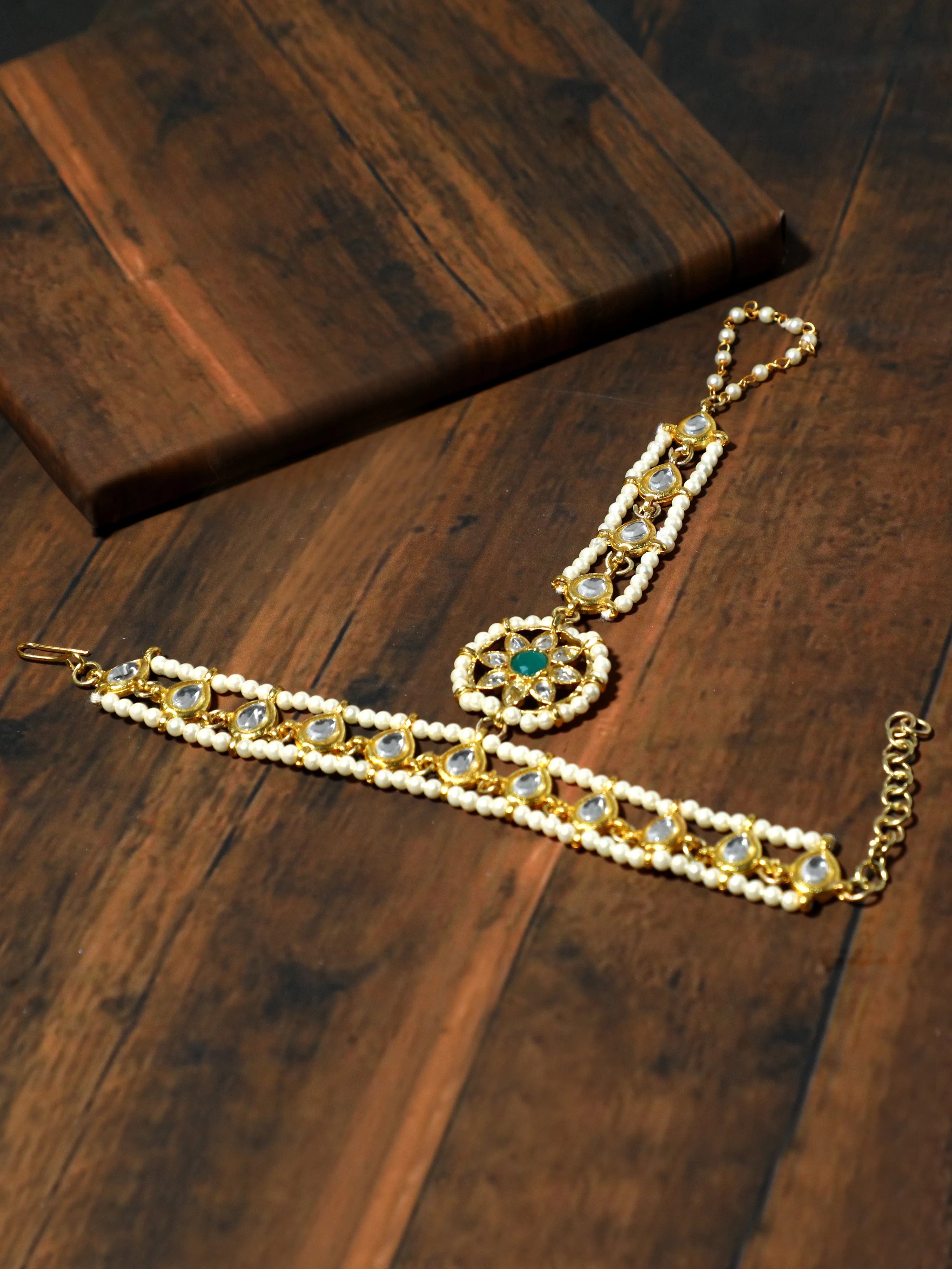 Gold-Plated Pearl Beads Kundan Chain Hathphool with Green Stone