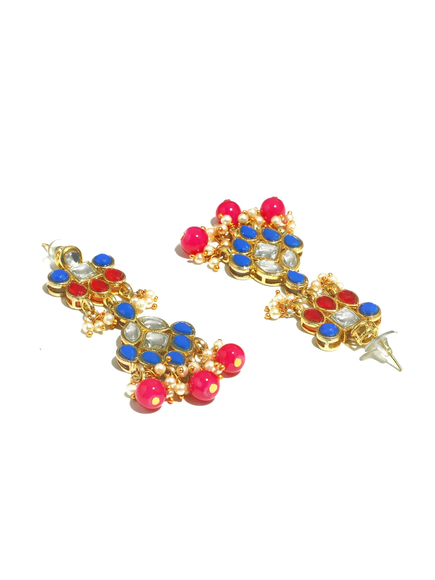 Gold Plated Pink Beads Blue Kundan Dangler Earrings for Women