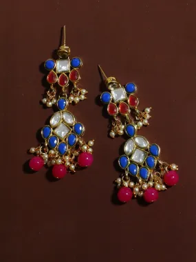 Gold Plated Pink Beads Blue Kundan Dangler Earrings for Women