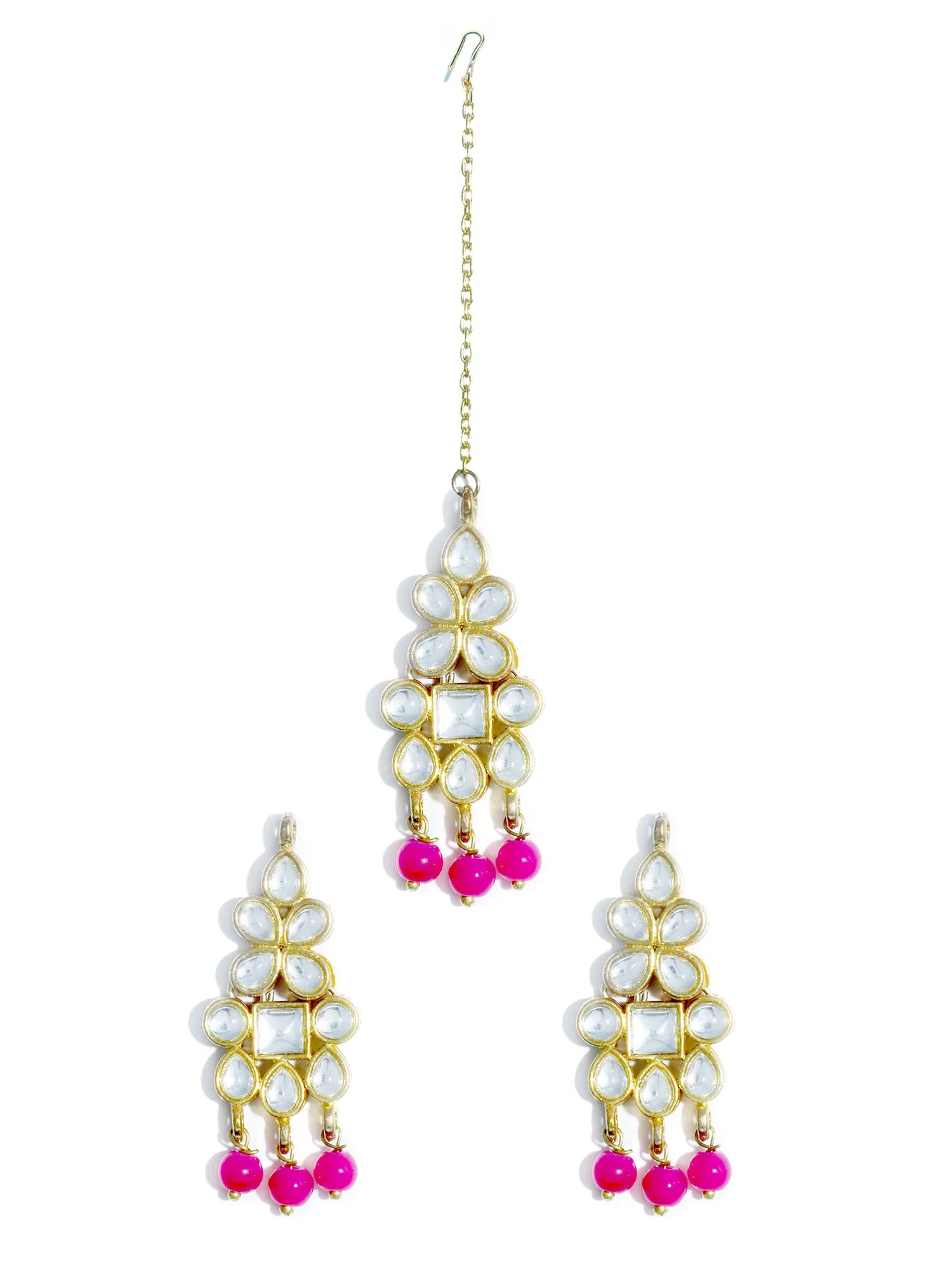 Gold Plated Pink Beads Kundan Dangler Earrings with Maangtikka for Women