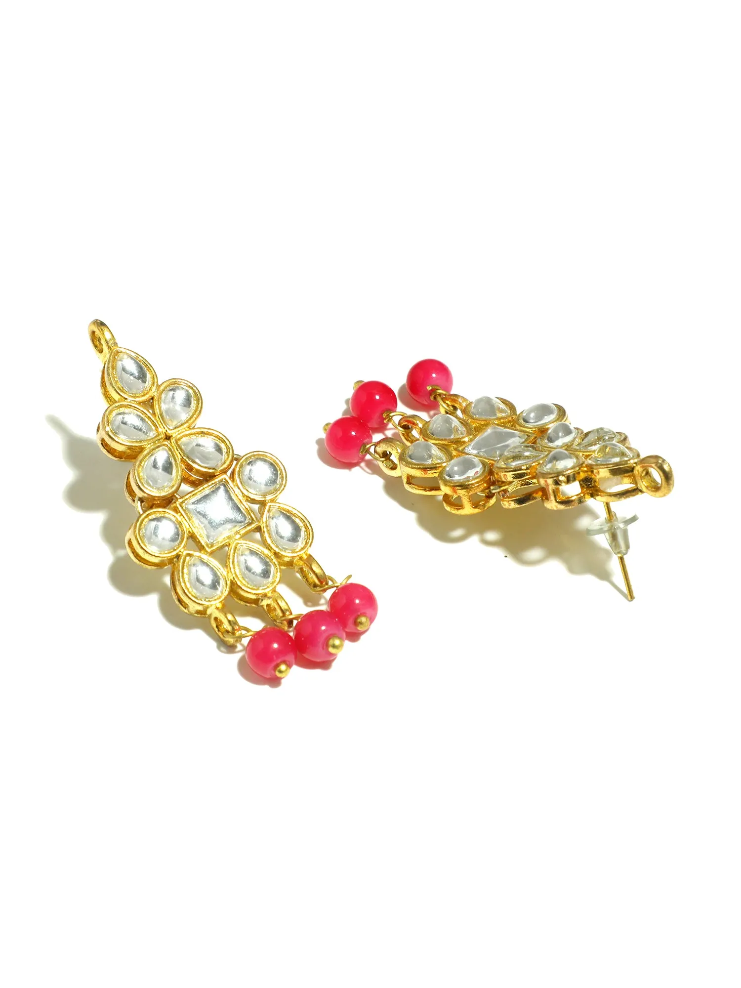 Gold Plated Pink Beads Kundan Dangler Earrings with Maangtikka for Women