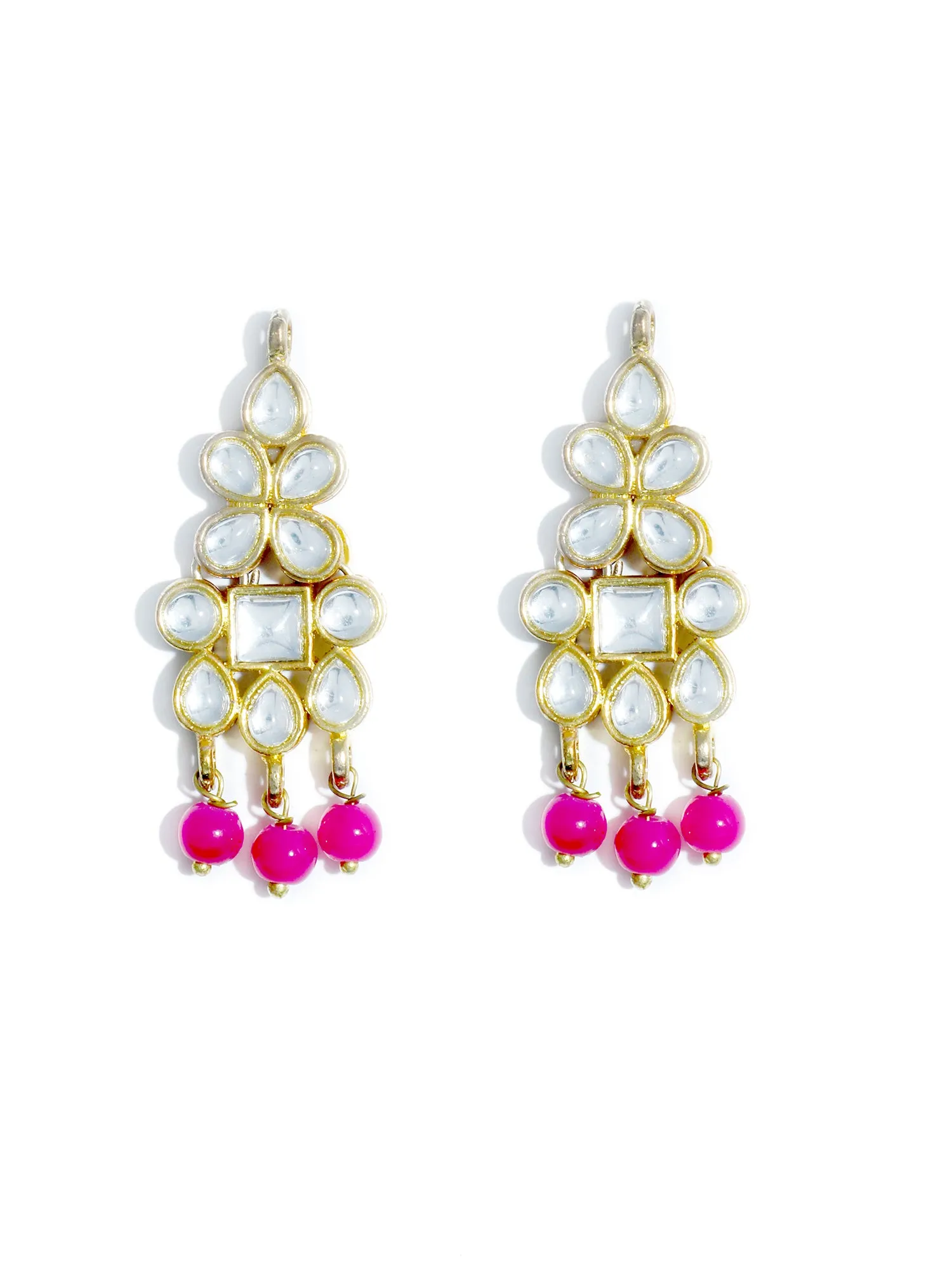 Gold Plated Pink Beads Kundan Dangler Earrings with Maangtikka for Women