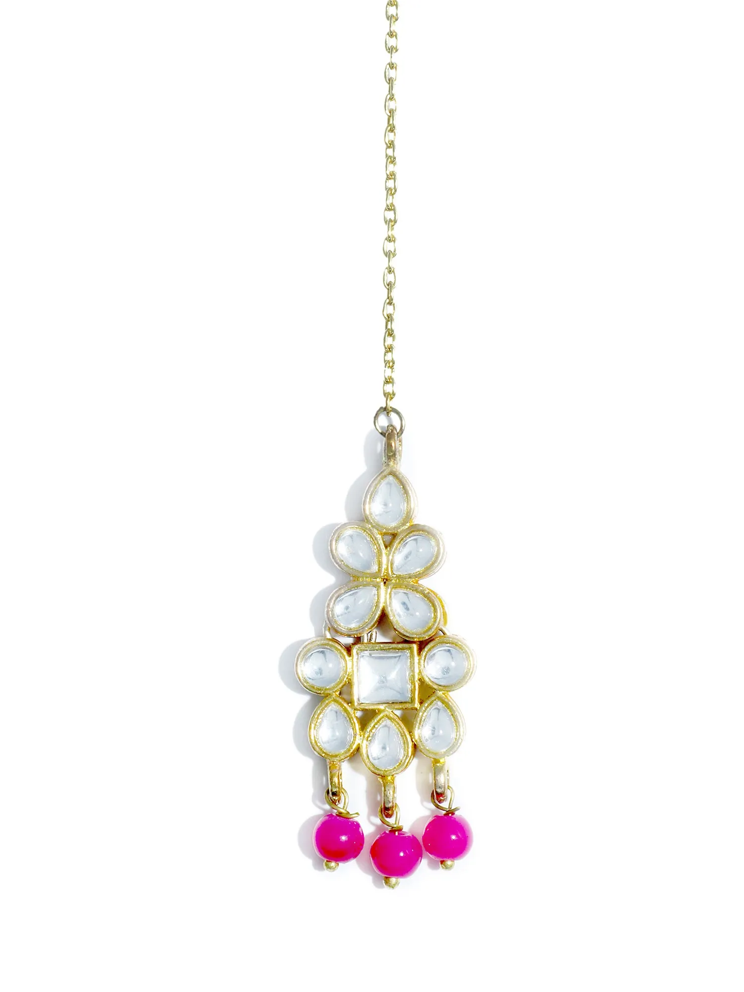 Gold Plated Pink Beads Kundan Dangler Earrings with Maangtikka for Women