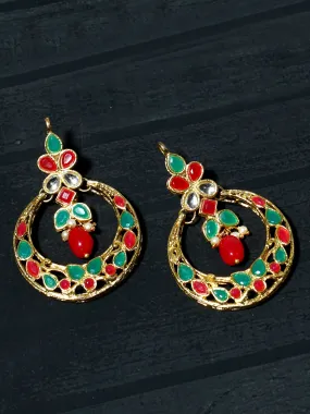 Gold Plated Red and Green Kundan Chnadbali Earrings