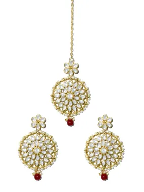 Gold Plated Red Bead Kundan Dangler Earrings with Maangtikka