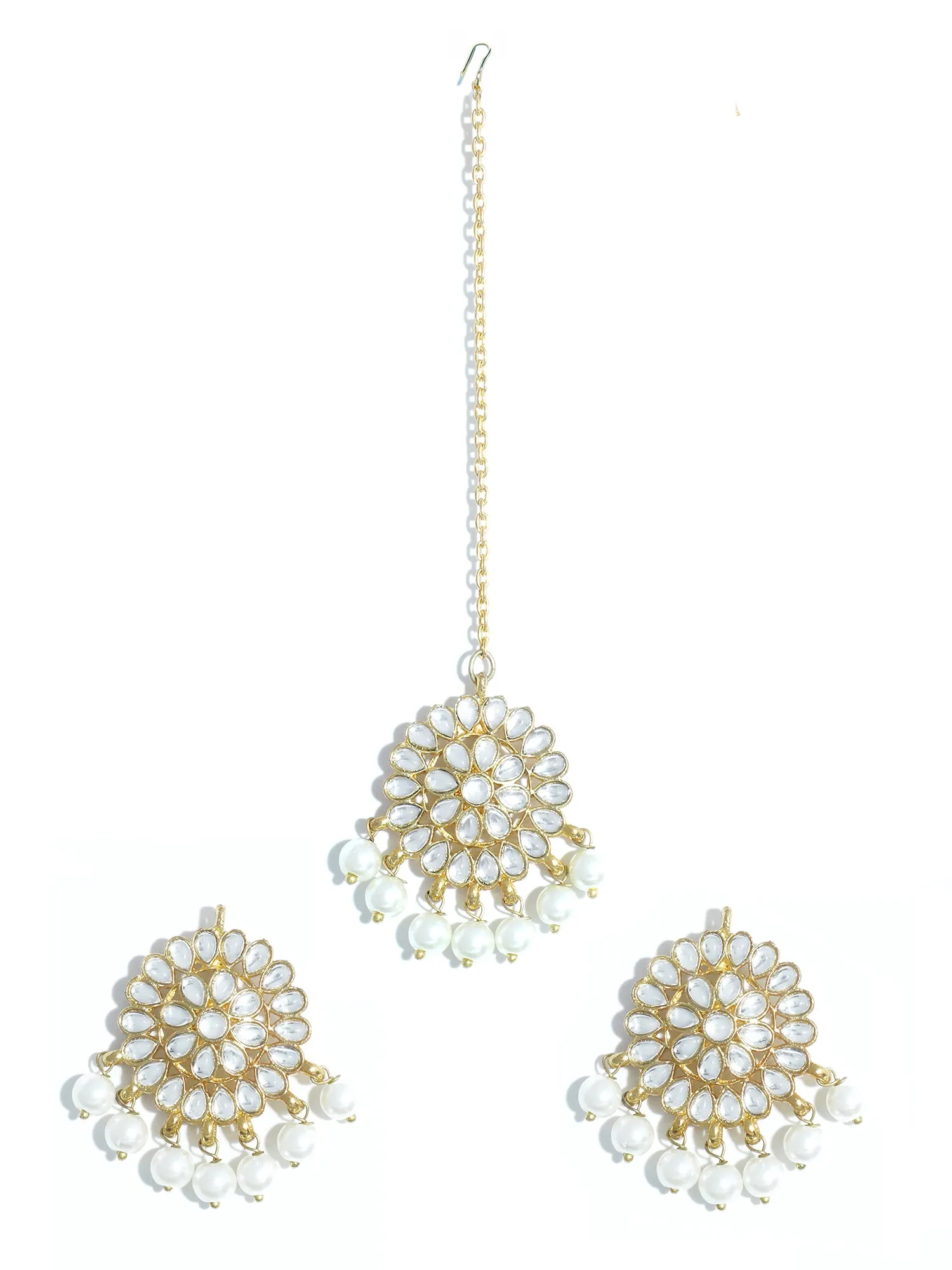 Gold Plated White Beads Kundan Dangler Earrings with Maangtikka for Women