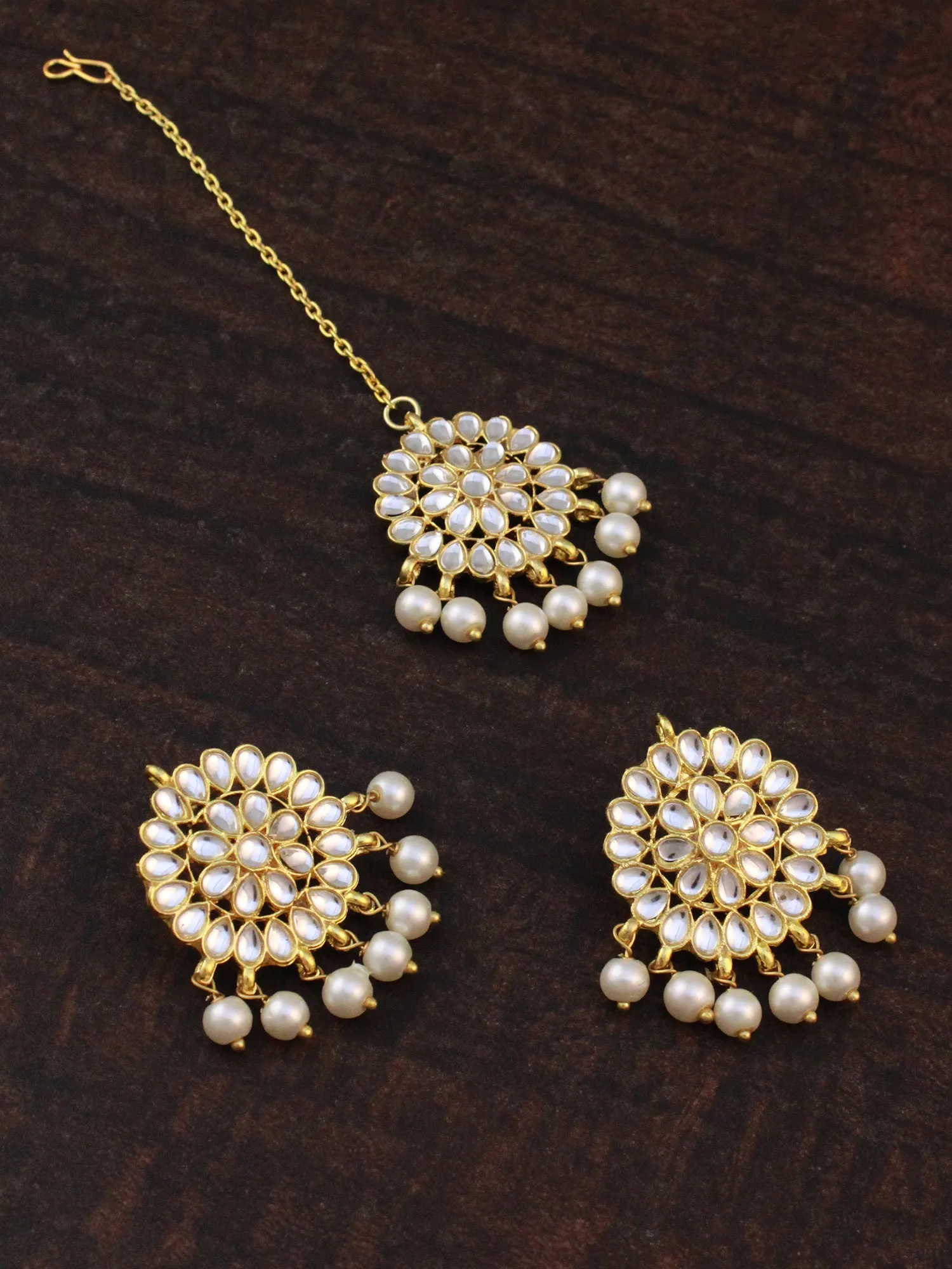 Gold Plated White Beads Kundan Dangler Earrings with Maangtikka for Women