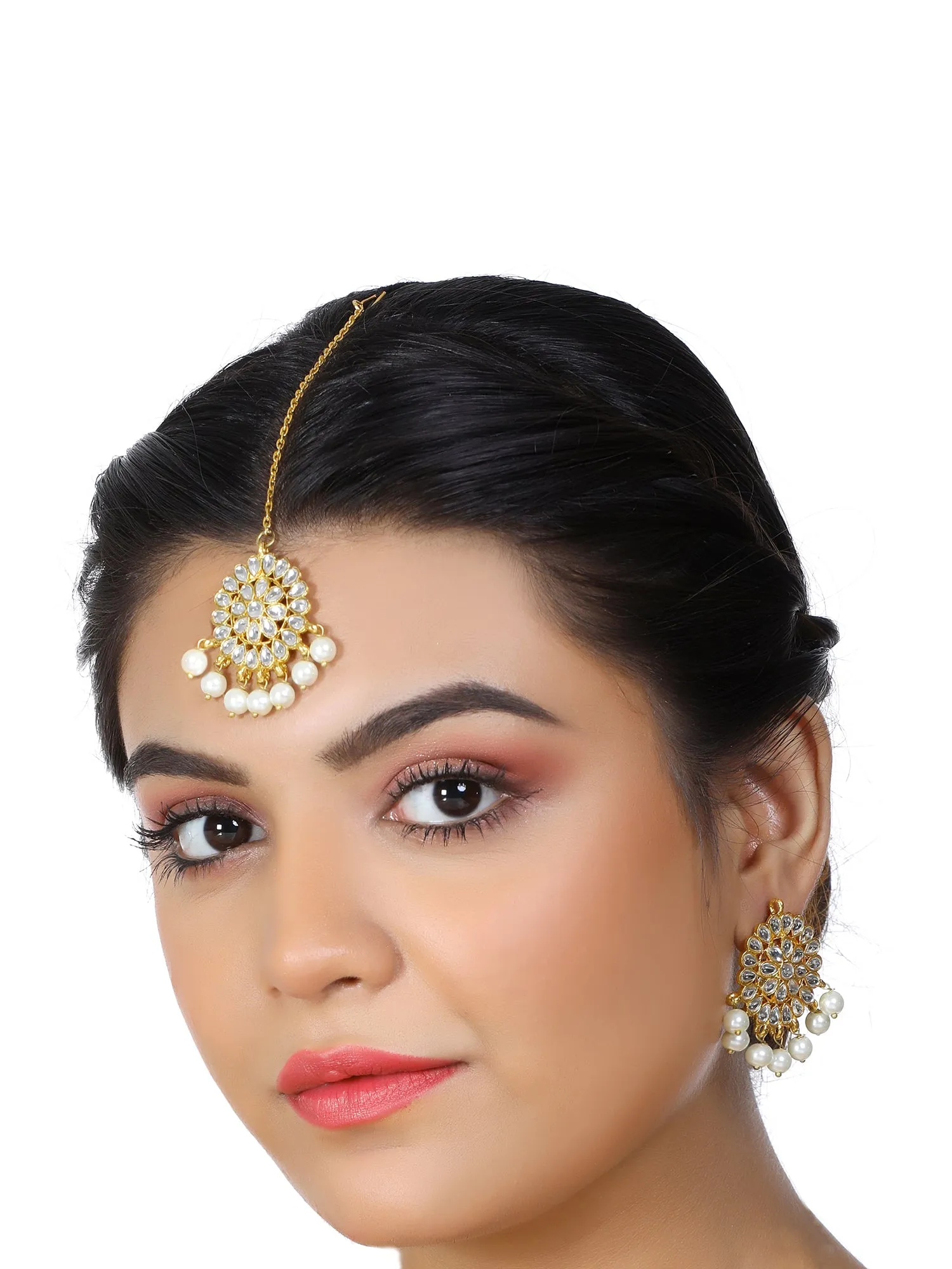 Gold Plated White Beads Kundan Dangler Earrings with Maangtikka for Women