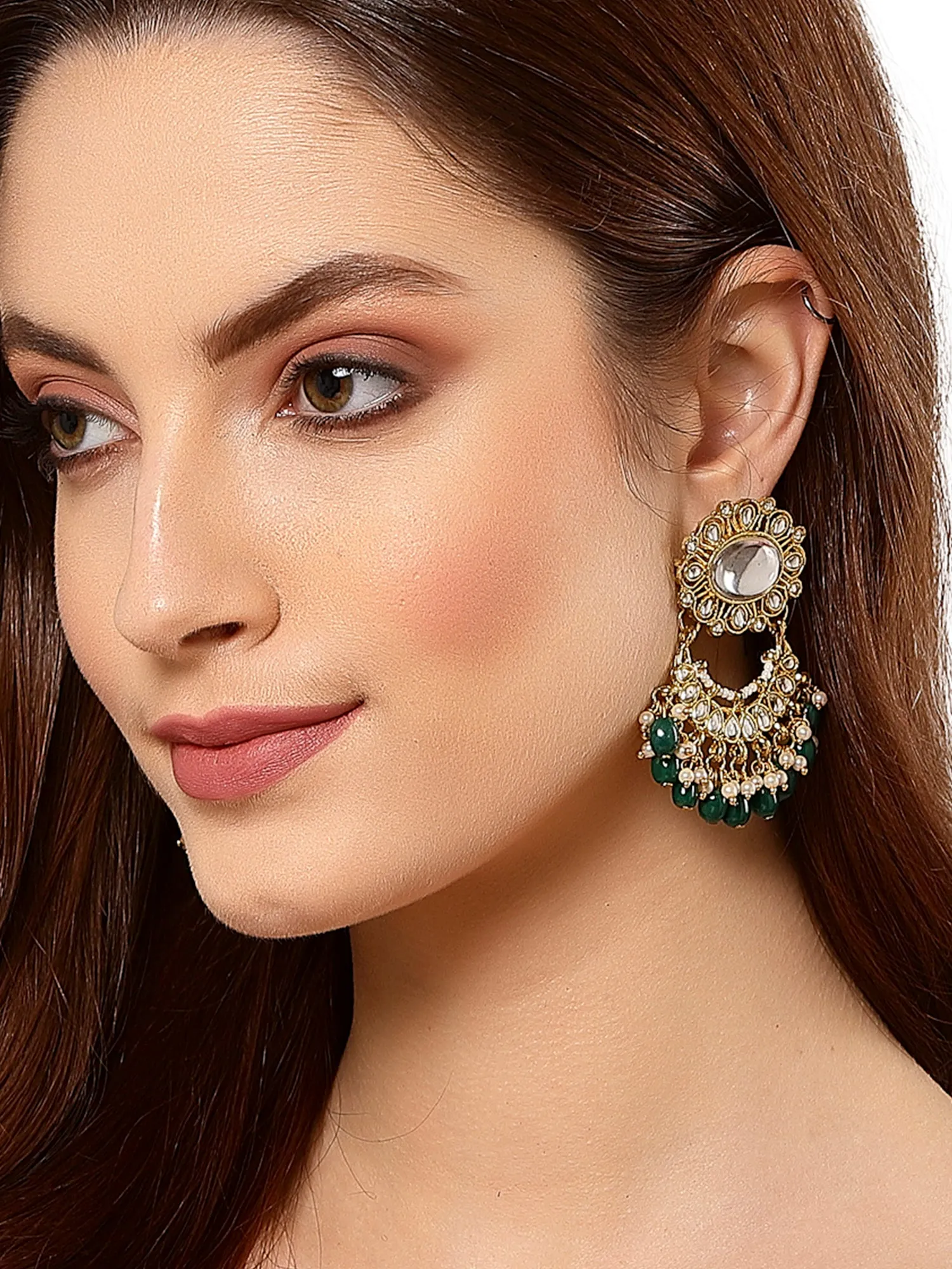 Green Tumble Stone Studded Kundan Dangler Earrings