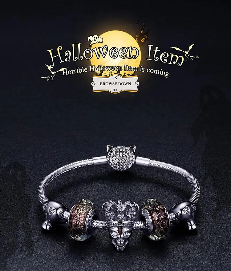 Halloween Skull With Crown 925 Sterling Silver Bead Charm