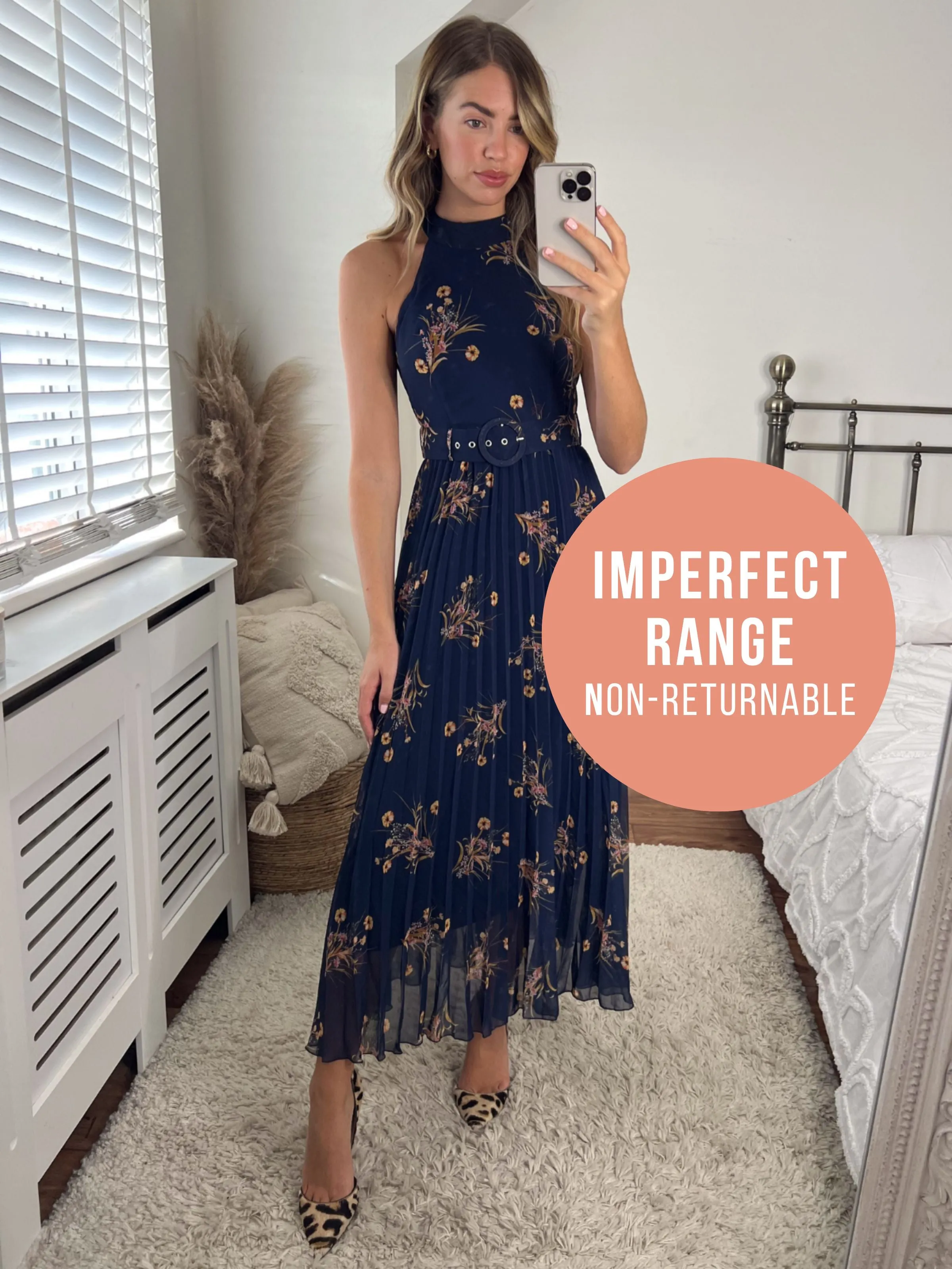 IMPERFECT Luisa Belted Pleated Maxi Dress / Navy Floral Print