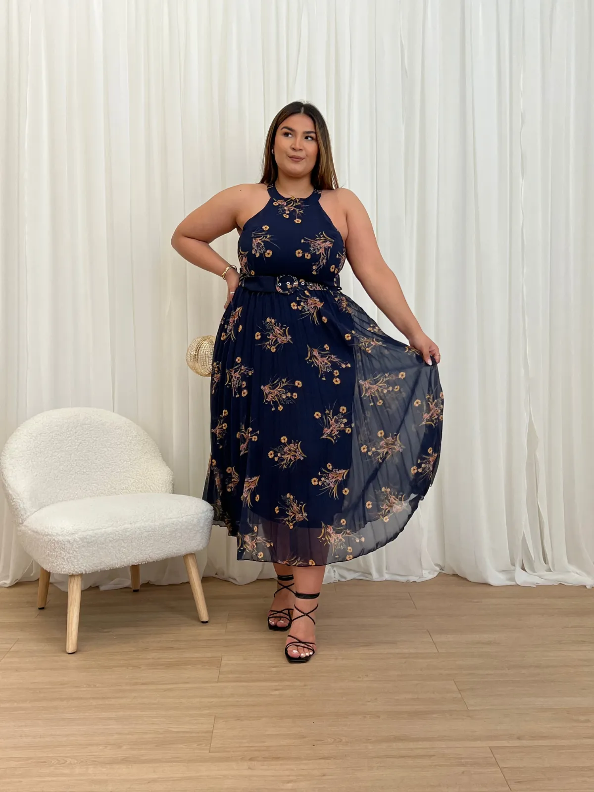 IMPERFECT Luisa Belted Pleated Maxi Dress / Navy Floral Print