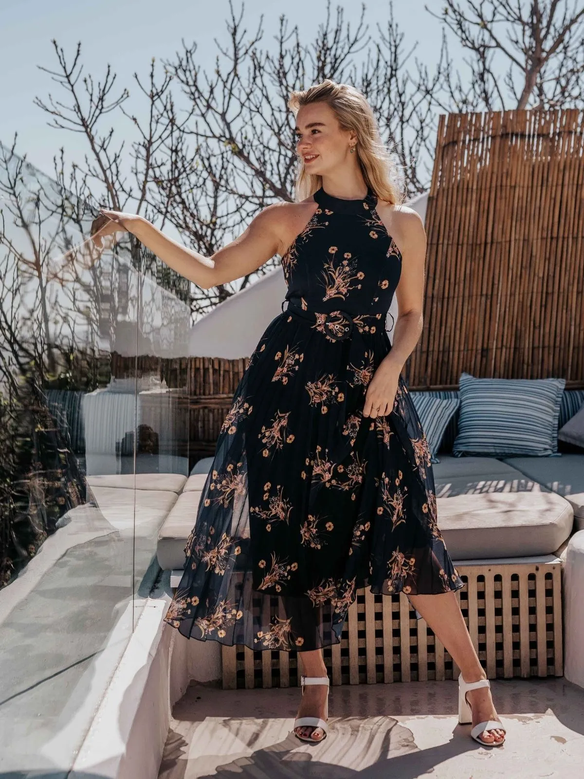 IMPERFECT Luisa Belted Pleated Maxi Dress / Navy Floral Print