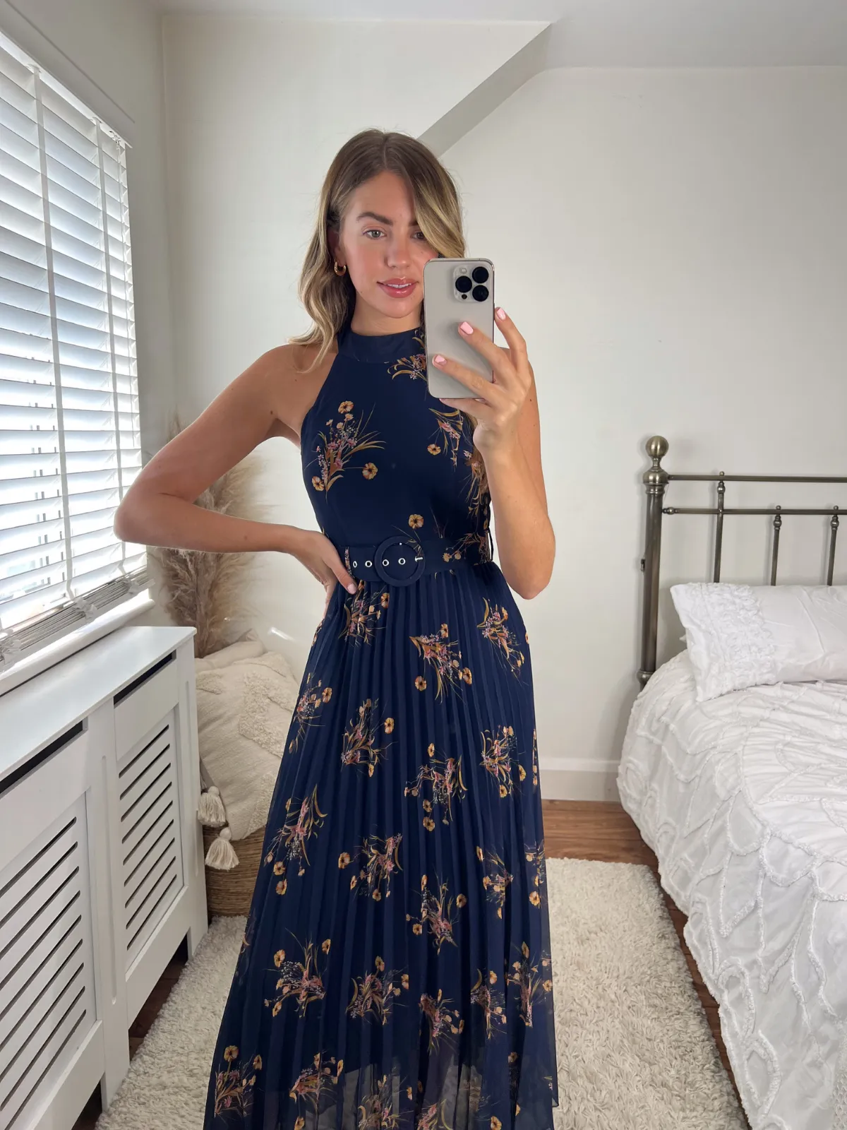 IMPERFECT Luisa Belted Pleated Maxi Dress / Navy Floral Print