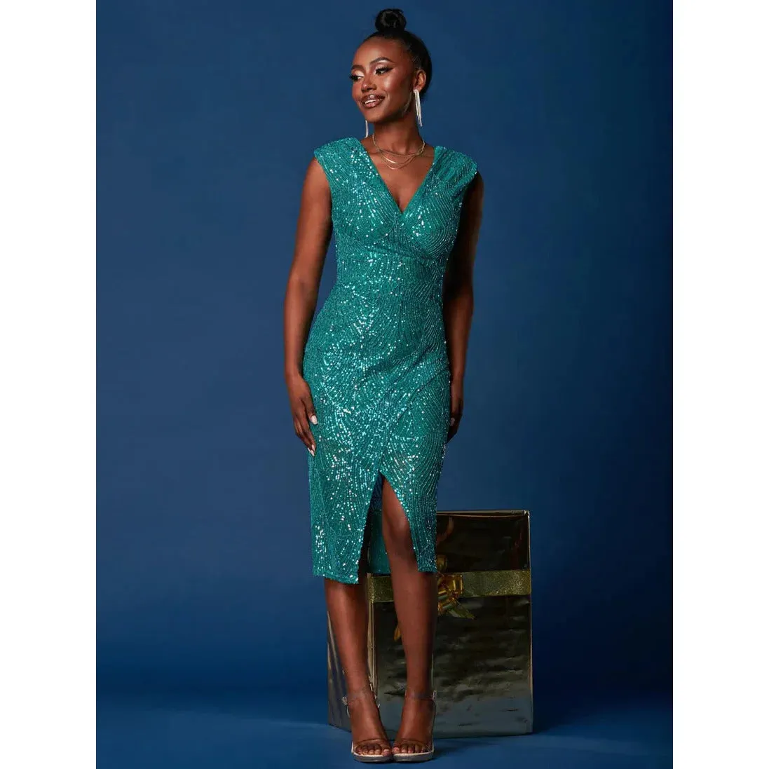 Jolie Moi Teal Green Sleeveless V Neck Split Skirt Sequin Wiggle Dress