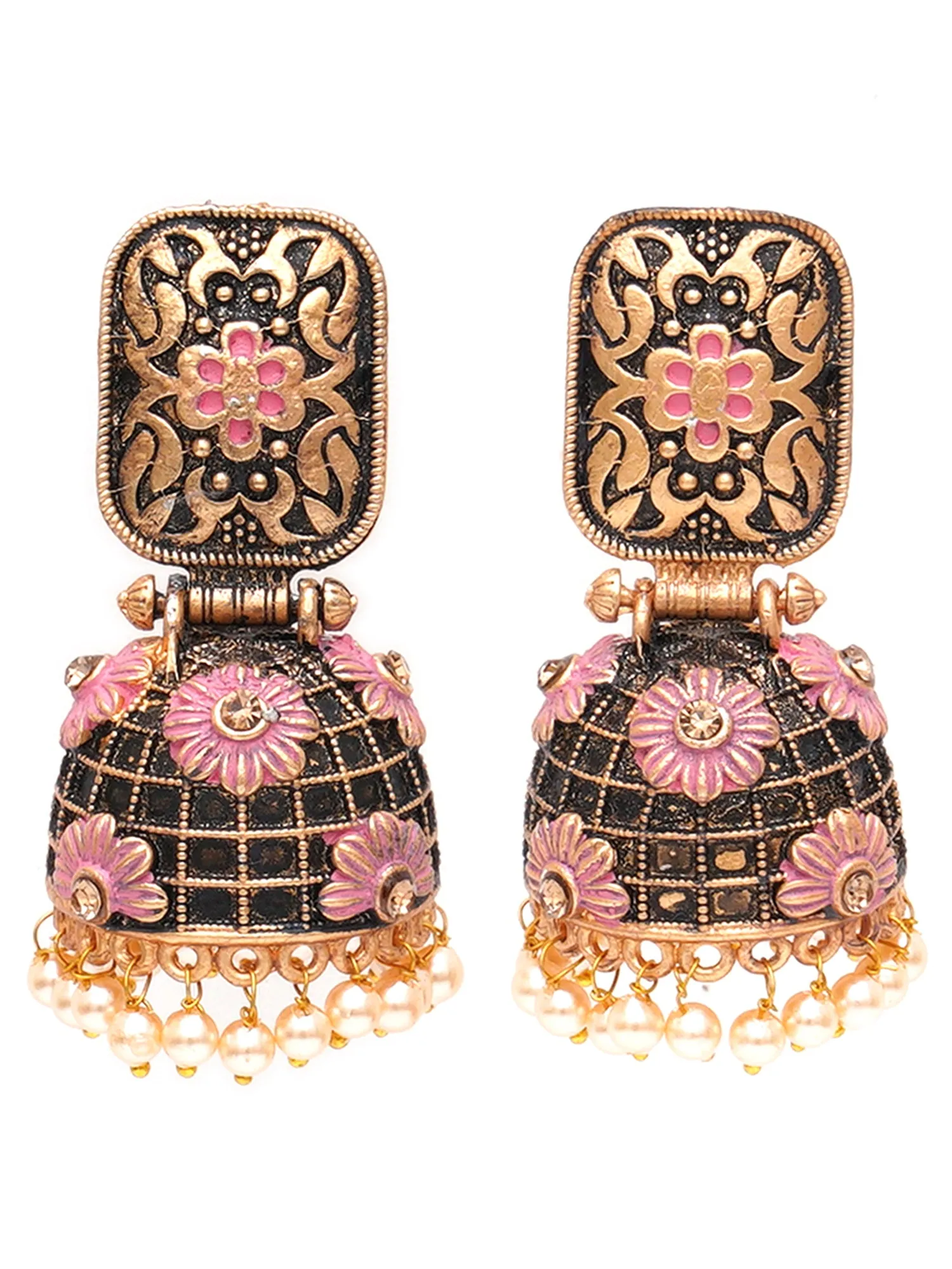 Karatcart Antique Gold Plated Floral Pink Studded Jhumki Earrings for Women