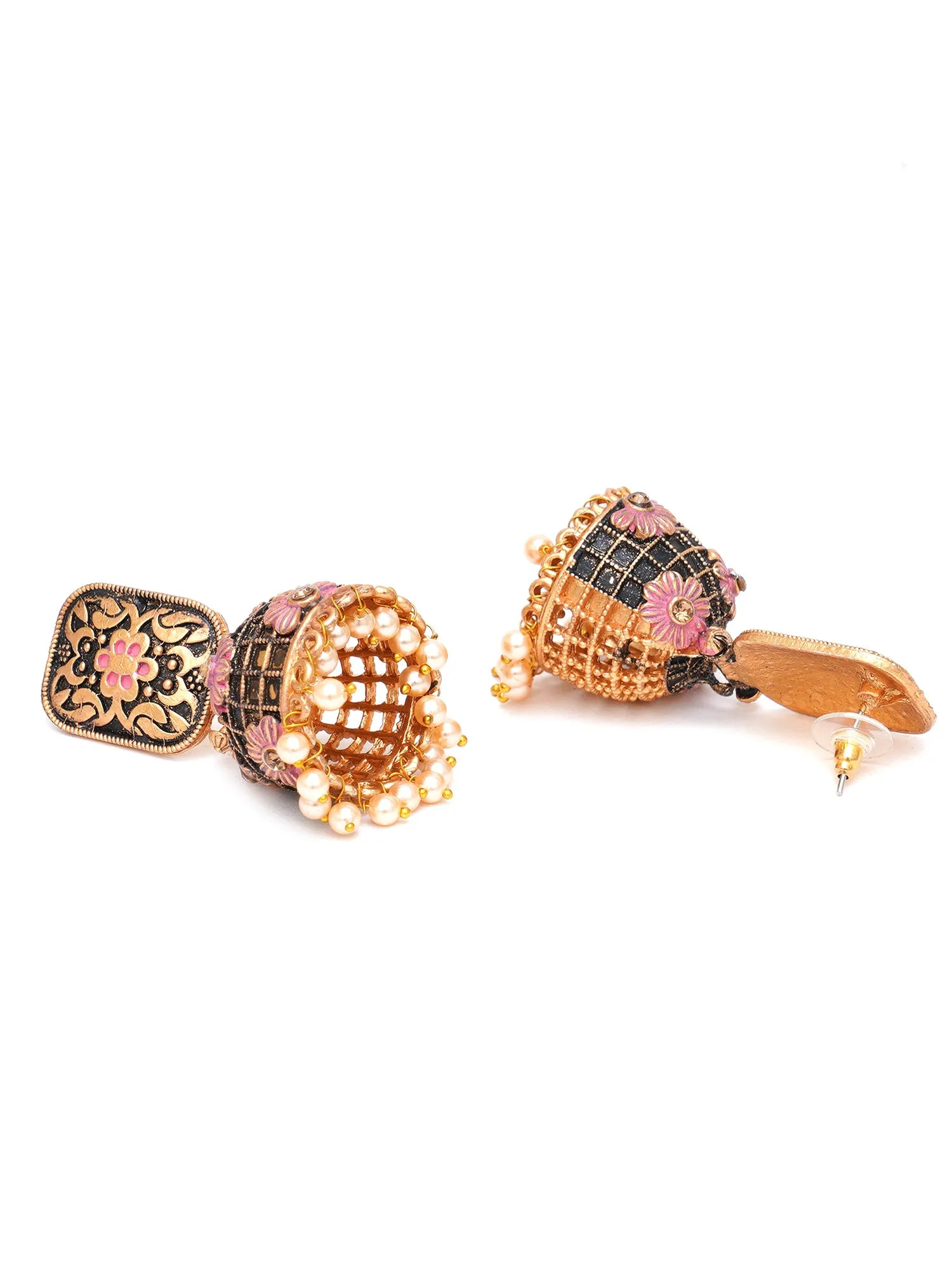 Karatcart Antique Gold Plated Floral Pink Studded Jhumki Earrings for Women