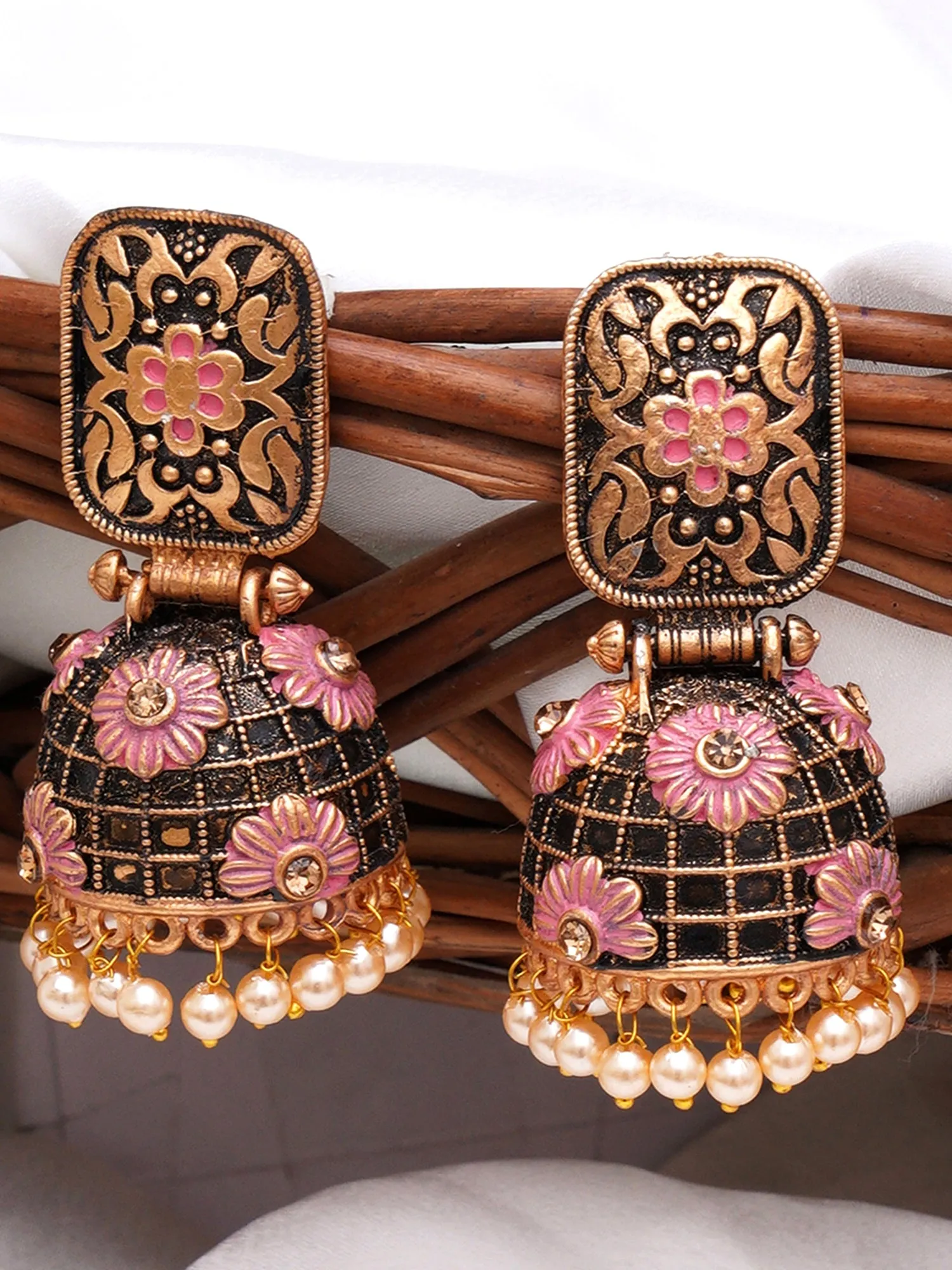 Karatcart Antique Gold Plated Floral Pink Studded Jhumki Earrings for Women