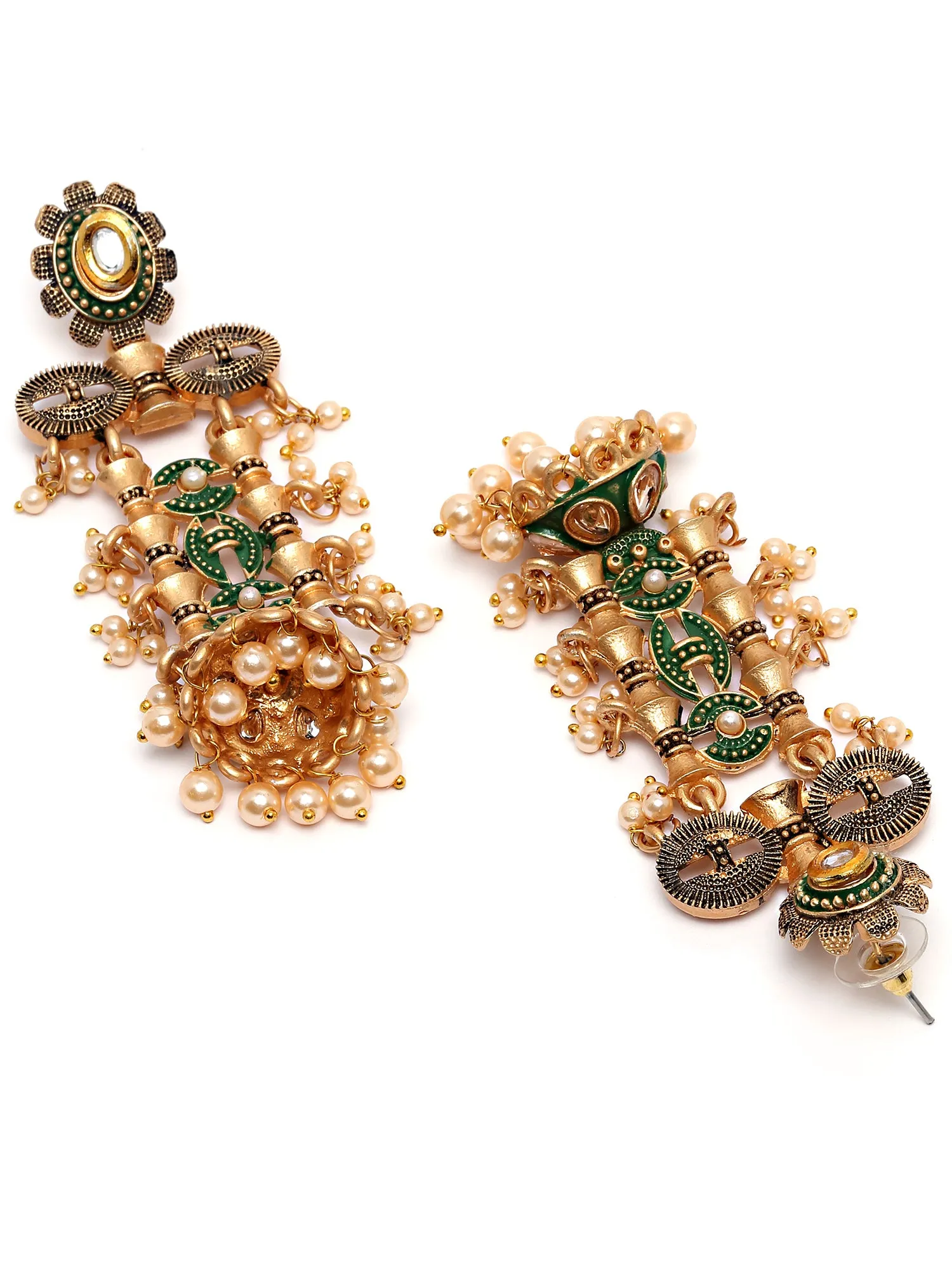 Karatcart Antique Gold Plated Green Kundan Drop Earrings for Women