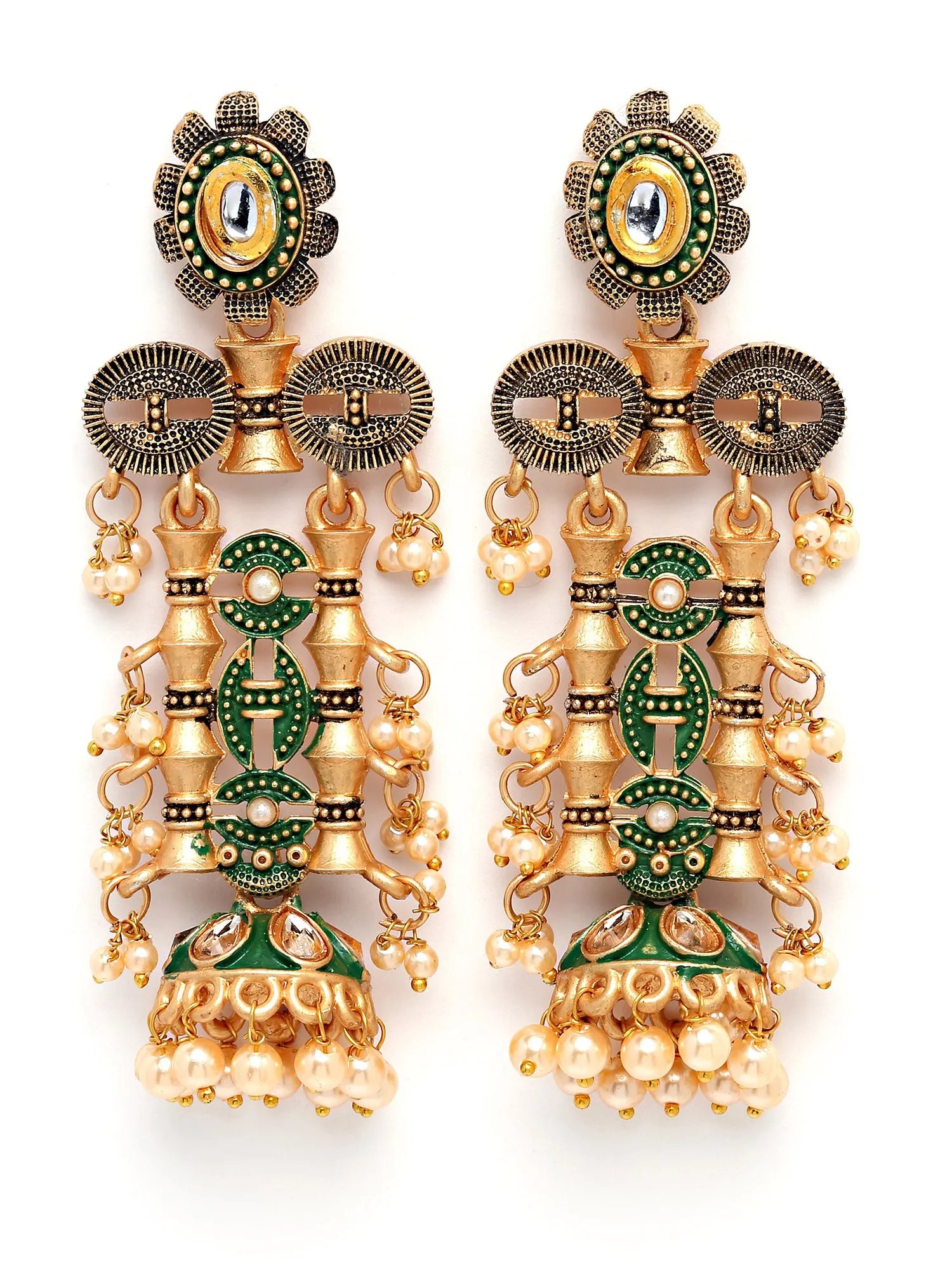 Karatcart Antique Gold Plated Green Kundan Drop Earrings for Women