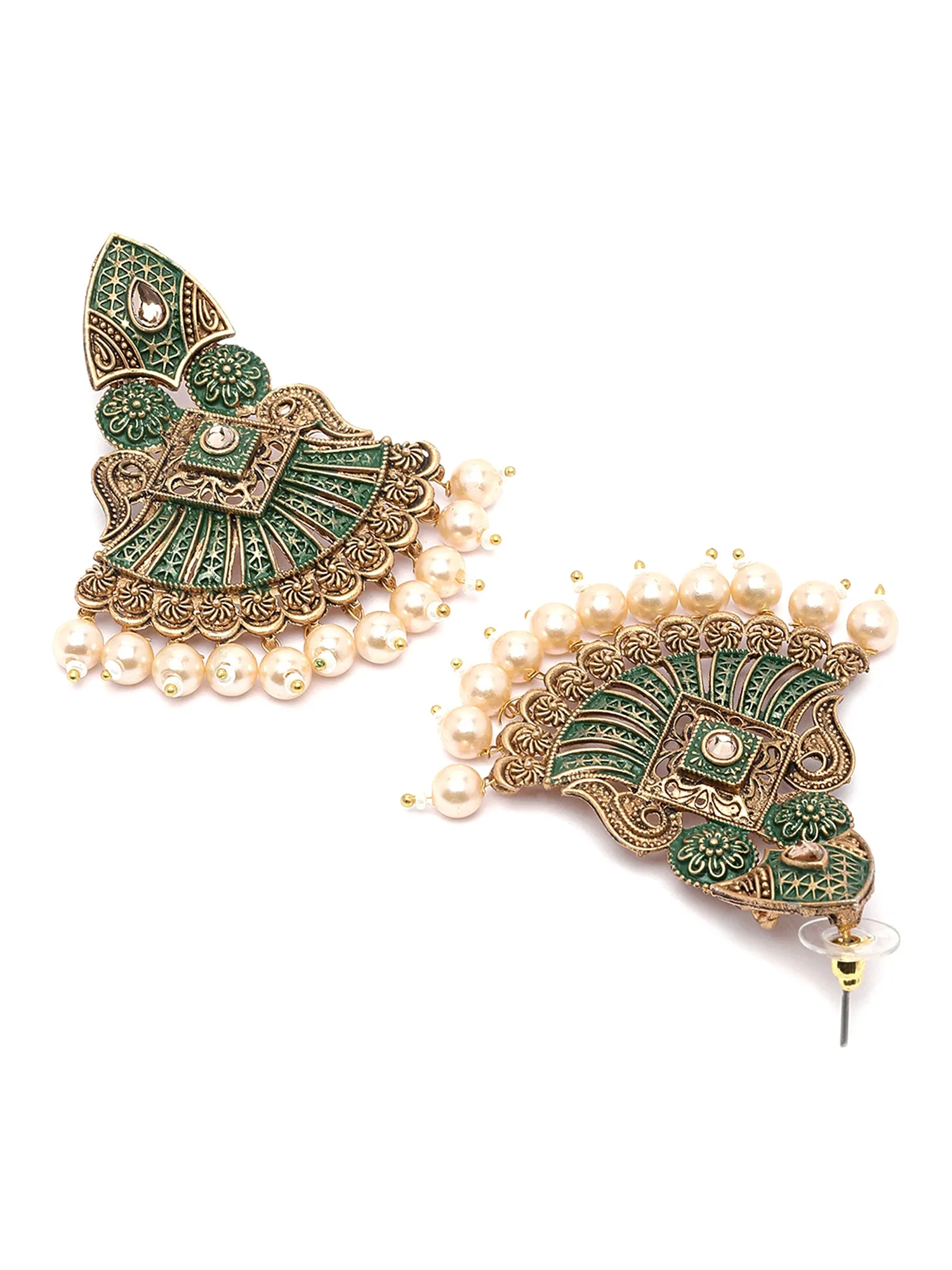 Karatcart Antique Gold Plated Green Meena Golden Pearl Drop Earrings for Women