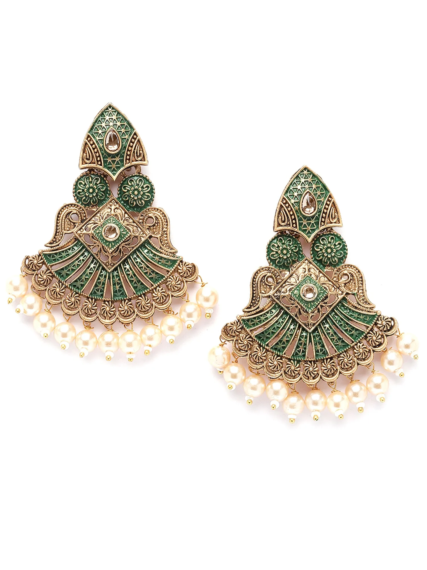 Karatcart Antique Gold Plated Green Meena Golden Pearl Drop Earrings for Women