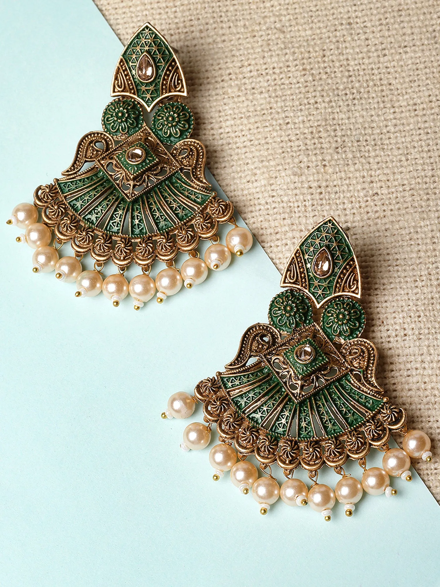 Karatcart Antique Gold Plated Green Meena Golden Pearl Drop Earrings for Women