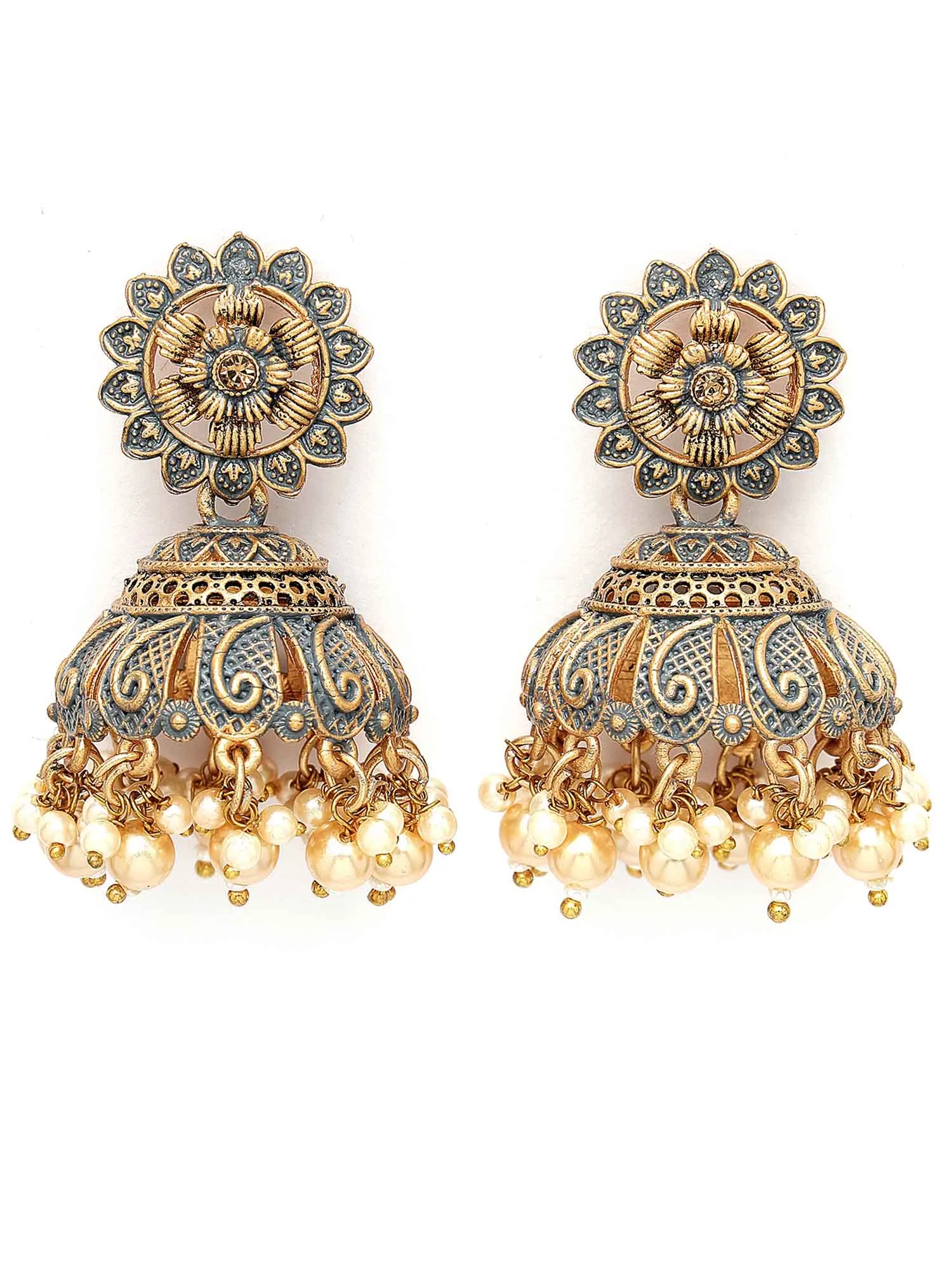 Karatcart Antique Gold Plated Grey Meena Floral Jhumki Earrings for Women