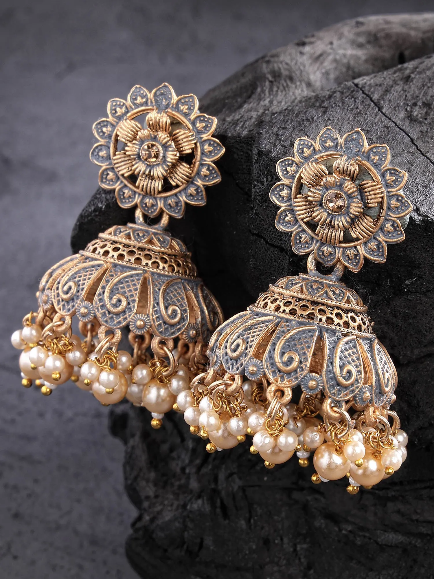 Karatcart Antique Gold Plated Grey Meena Floral Jhumki Earrings for Women