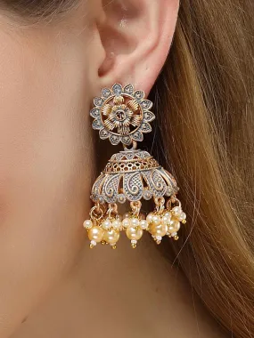 Karatcart Antique Gold Plated Grey Meena Floral Jhumki Earrings for Women