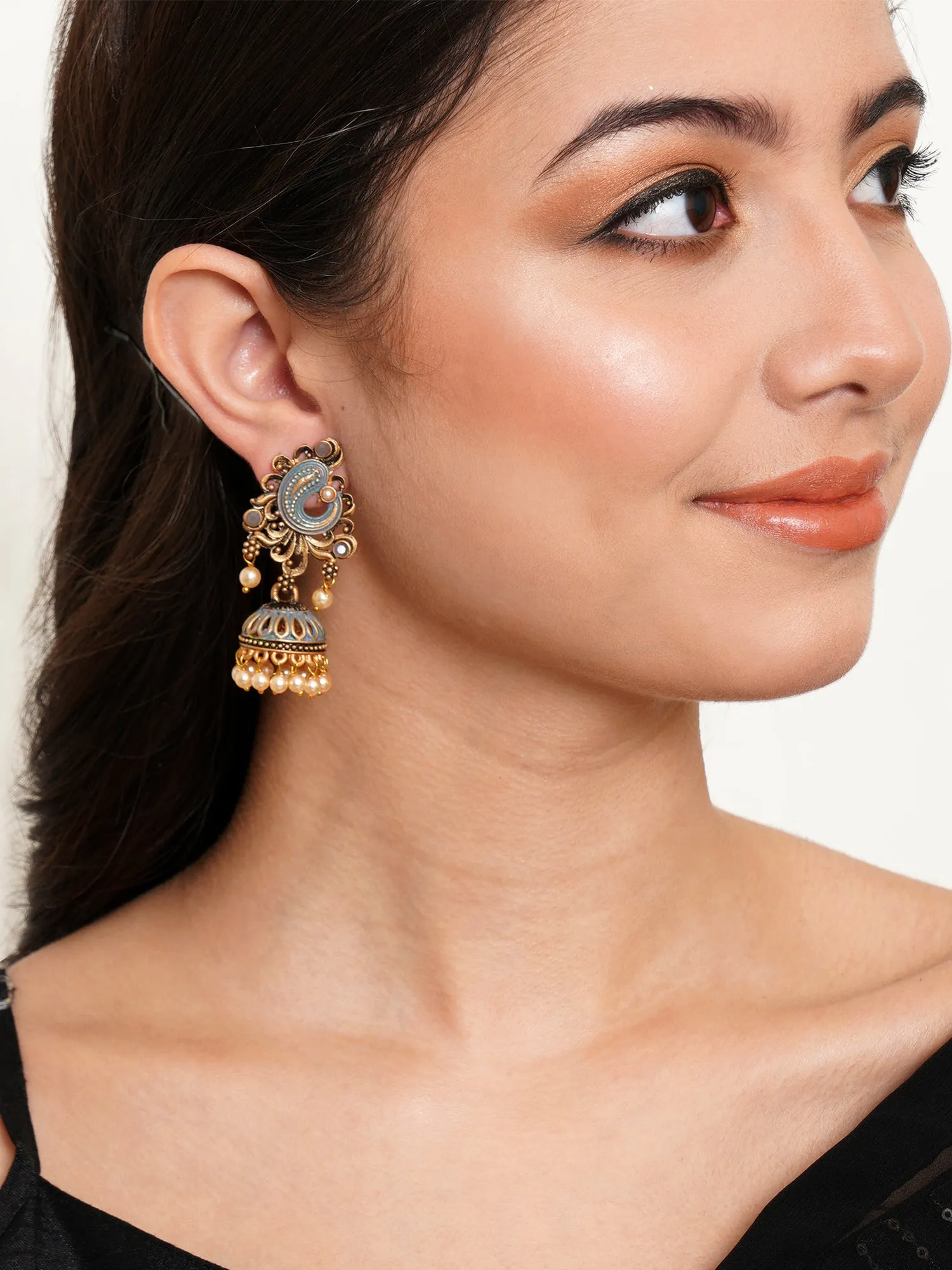 Karatcart Antique Gold Plated Grey Stone with Meena Jhumki Earrings for Women