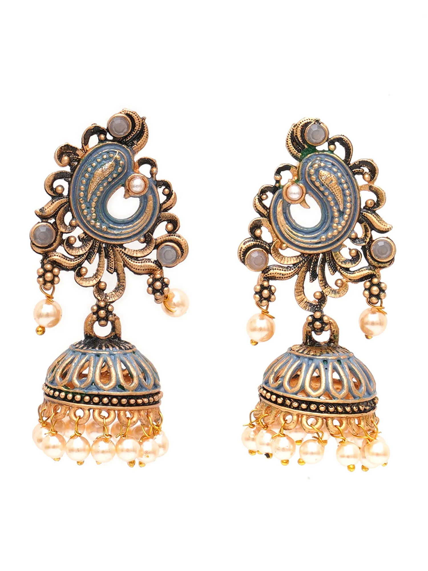 Karatcart Antique Gold Plated Grey Stone with Meena Jhumki Earrings for Women