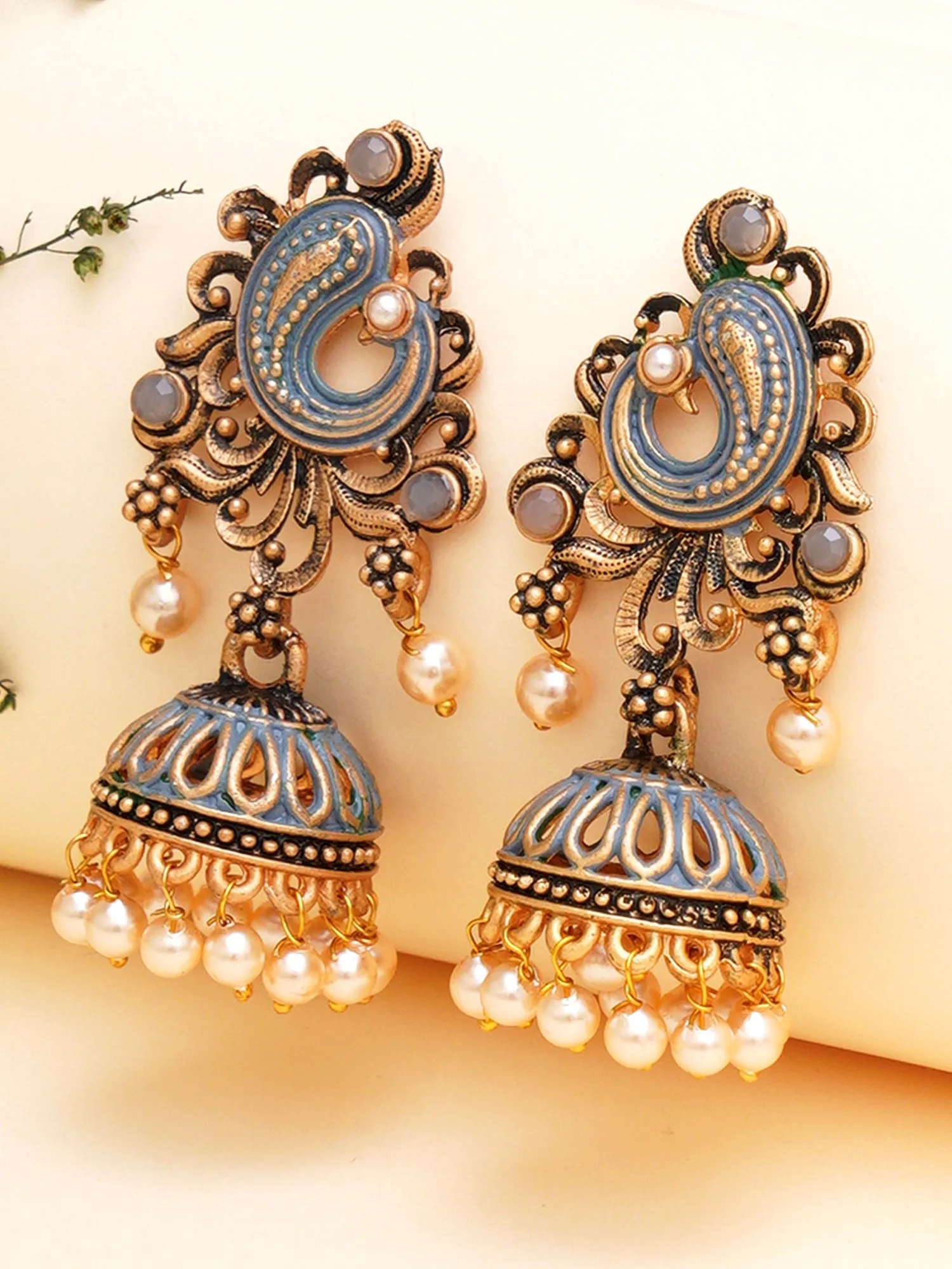 Karatcart Antique Gold Plated Grey Stone with Meena Jhumki Earrings for Women