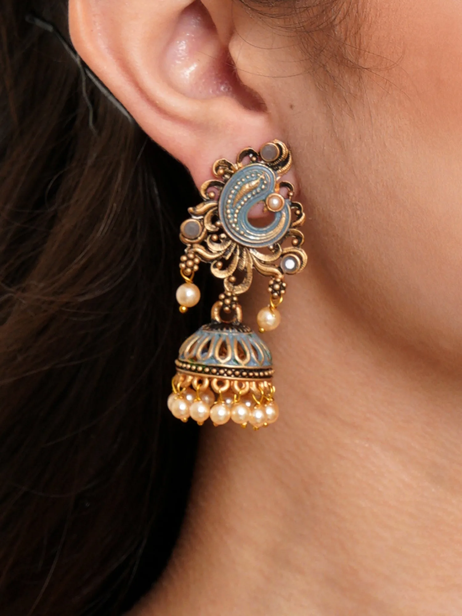 Karatcart Antique Gold Plated Grey Stone with Meena Jhumki Earrings for Women