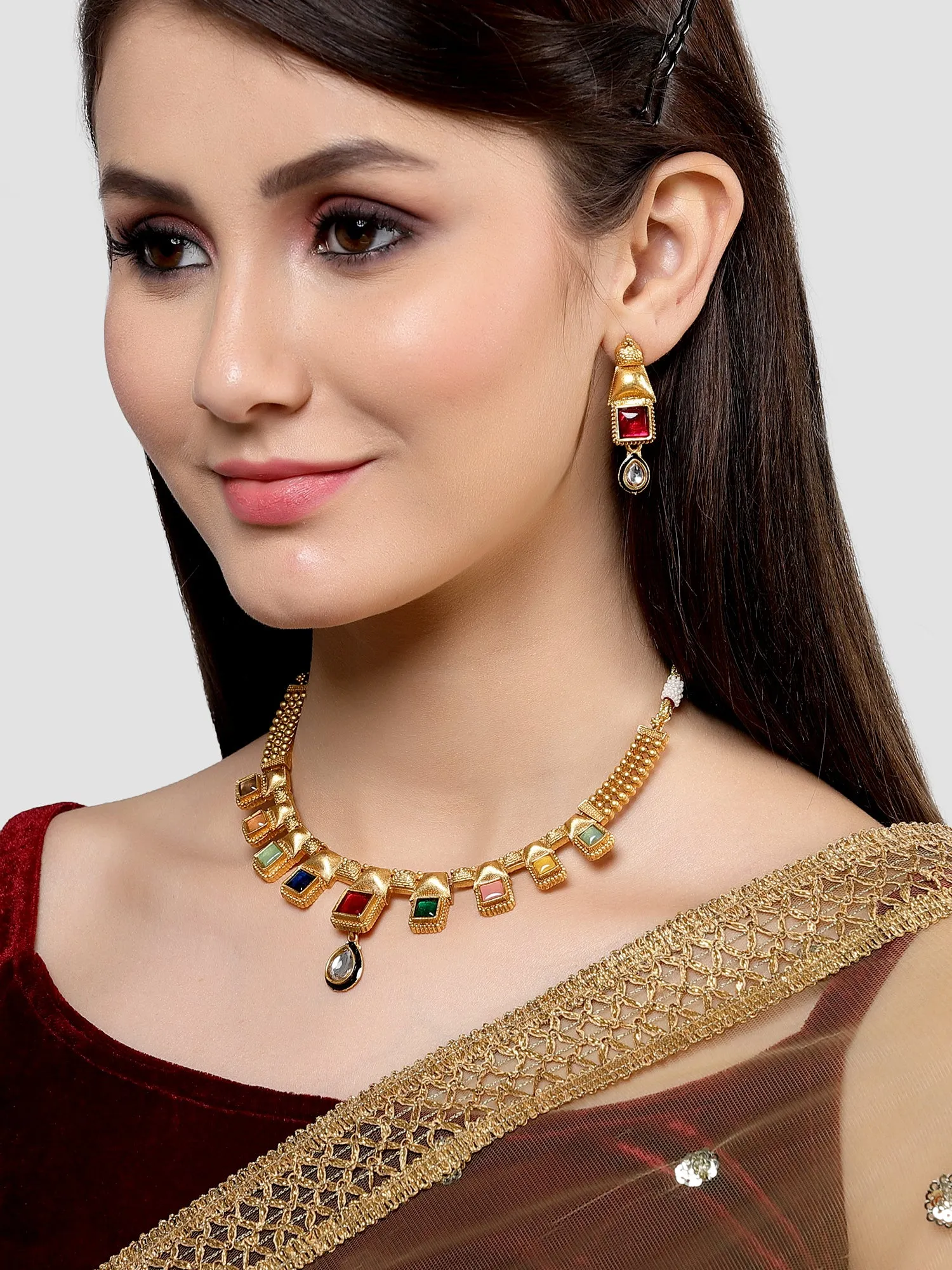 Karatcart Antique Gold Plated Multicolor Stones Studded Design Necklace Set