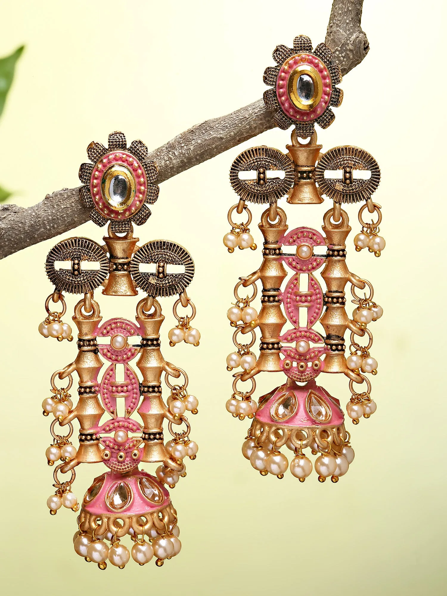 Karatcart Antique Gold Plated Pink Kundan Drop Earrings for Women