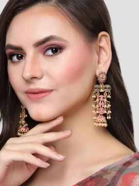 Karatcart Antique Gold Plated Pink Kundan Drop Earrings for Women