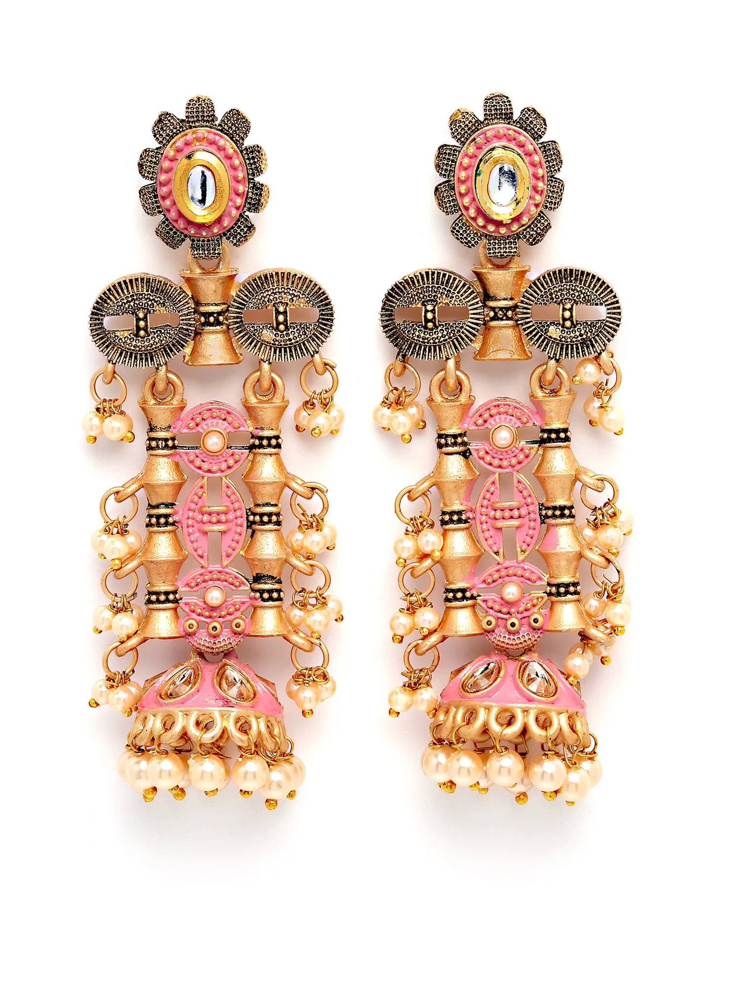 Karatcart Antique Gold Plated Pink Kundan Drop Earrings for Women