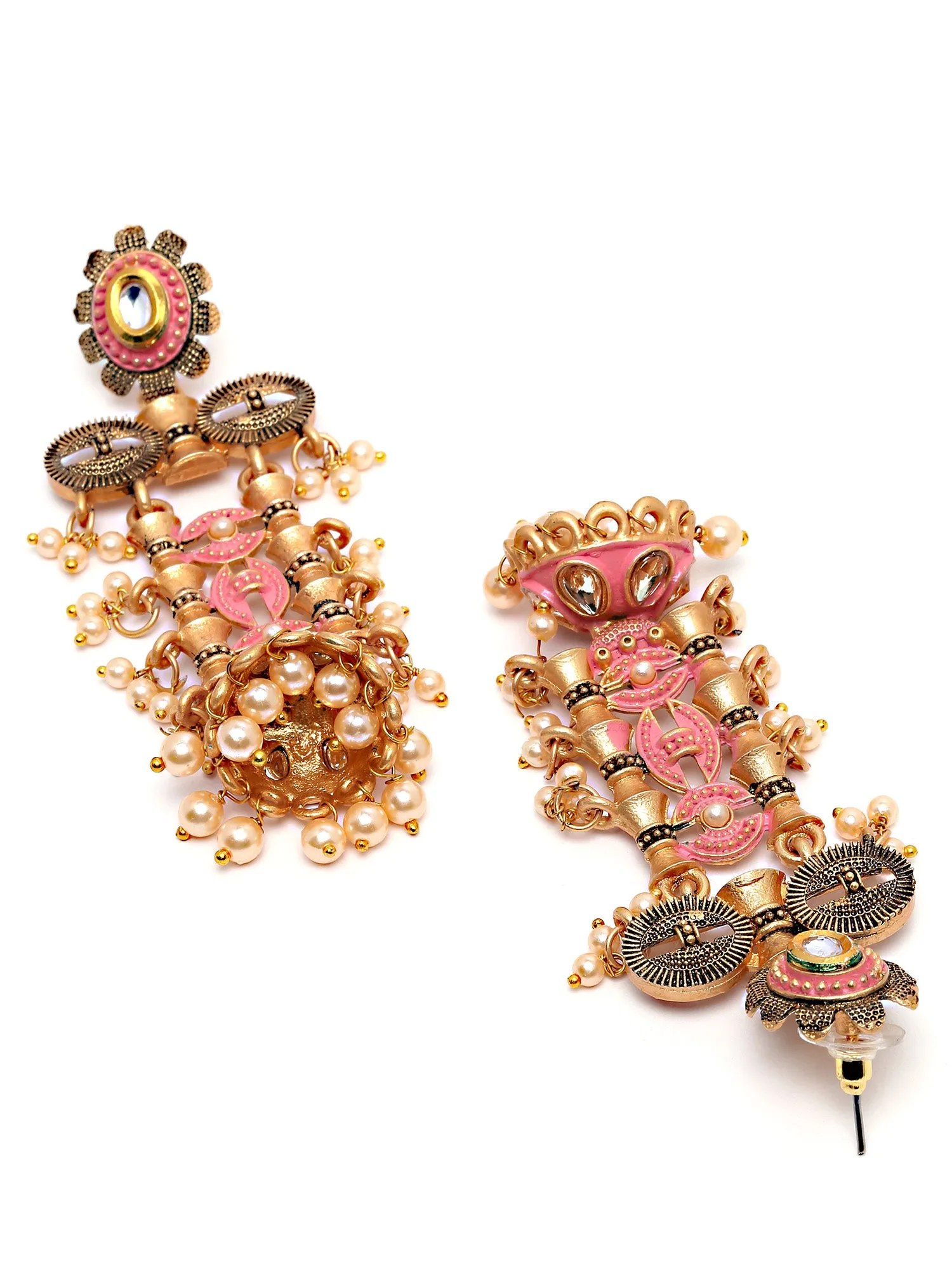 Karatcart Antique Gold Plated Pink Kundan Drop Earrings for Women