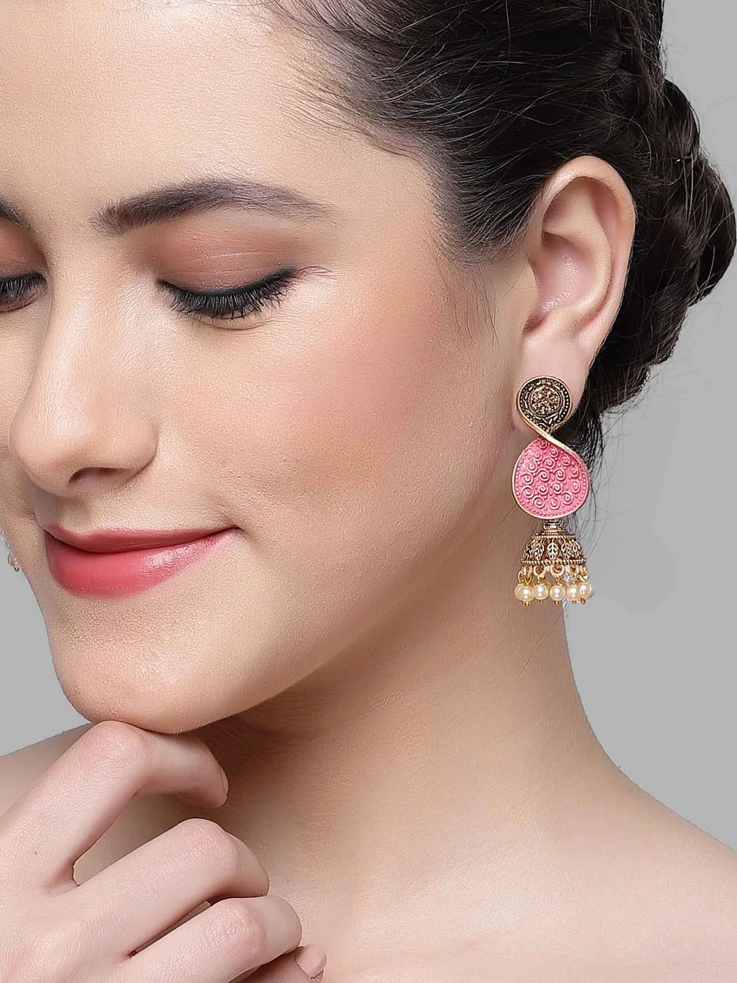 Karatcart Antique Gold Plated Pink Meena Dangler Earrings for Women